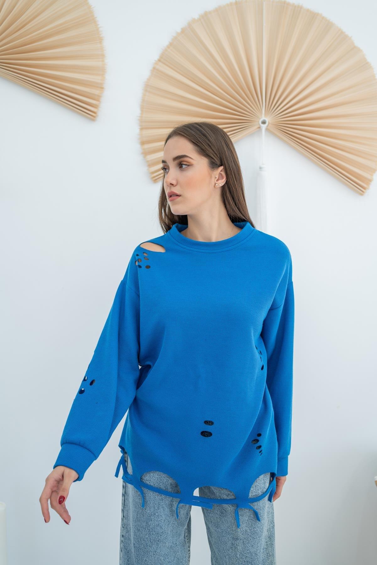 Wholesale Blue Laser Cut Blouse