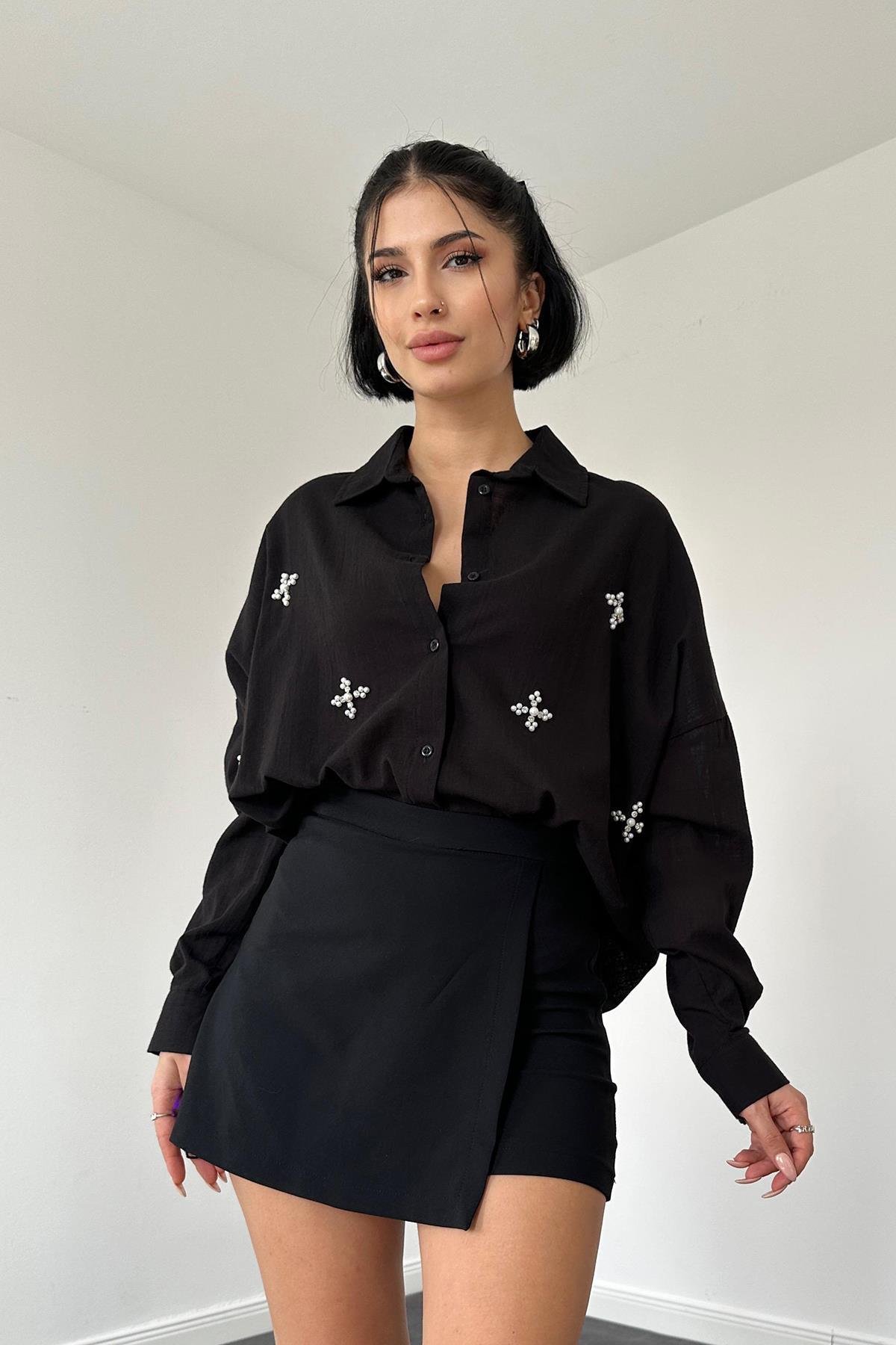 Wholesale Black Beyoglu Stoned Pearl Linen Shirt