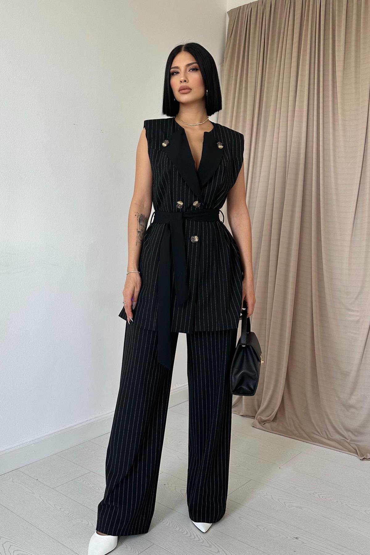 Wholesale Black Striped Buttoned Vest and Trouser Set