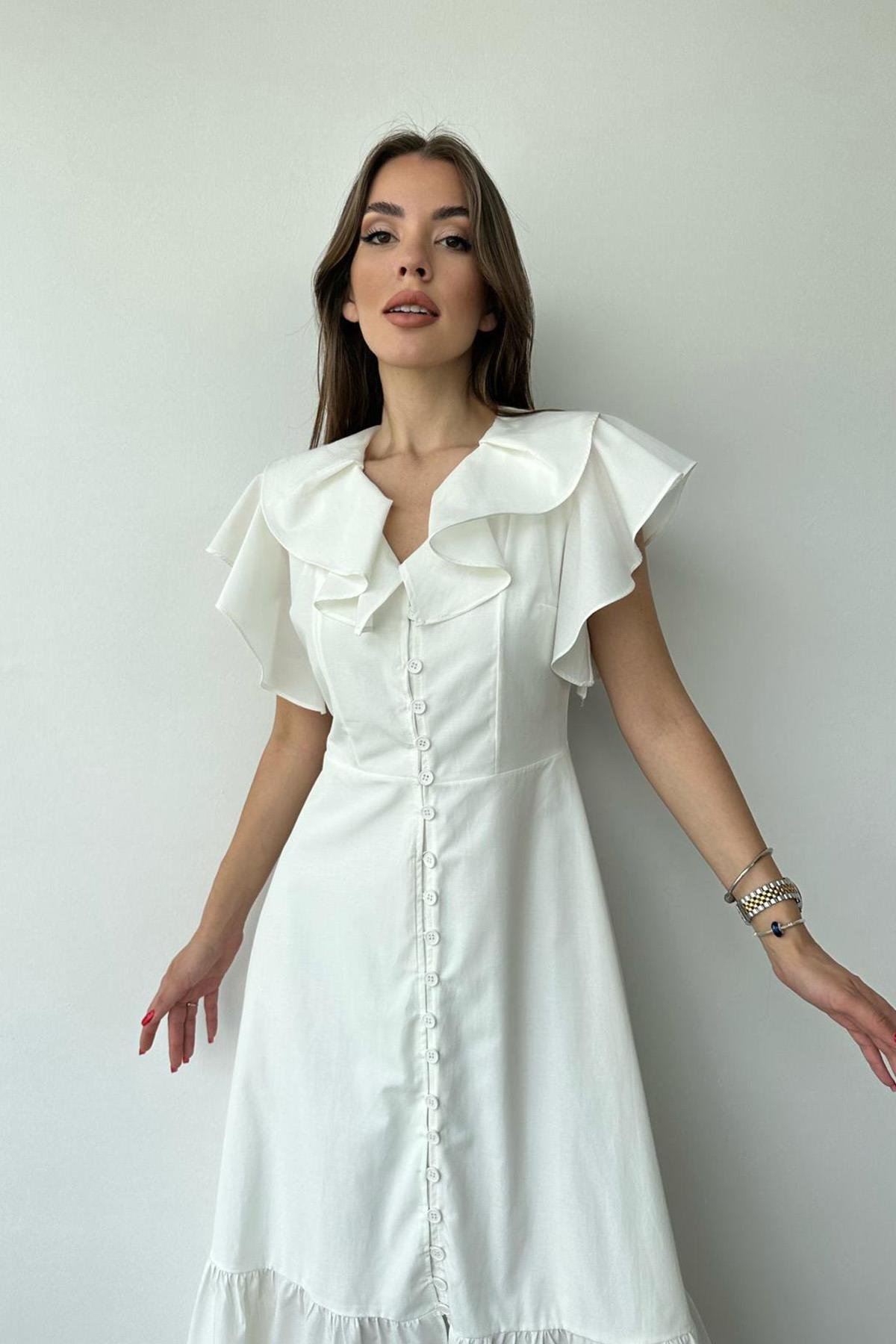 Yaka ve Omzu Volanlı Elbise - Beyaz | elisafashionwoman.com