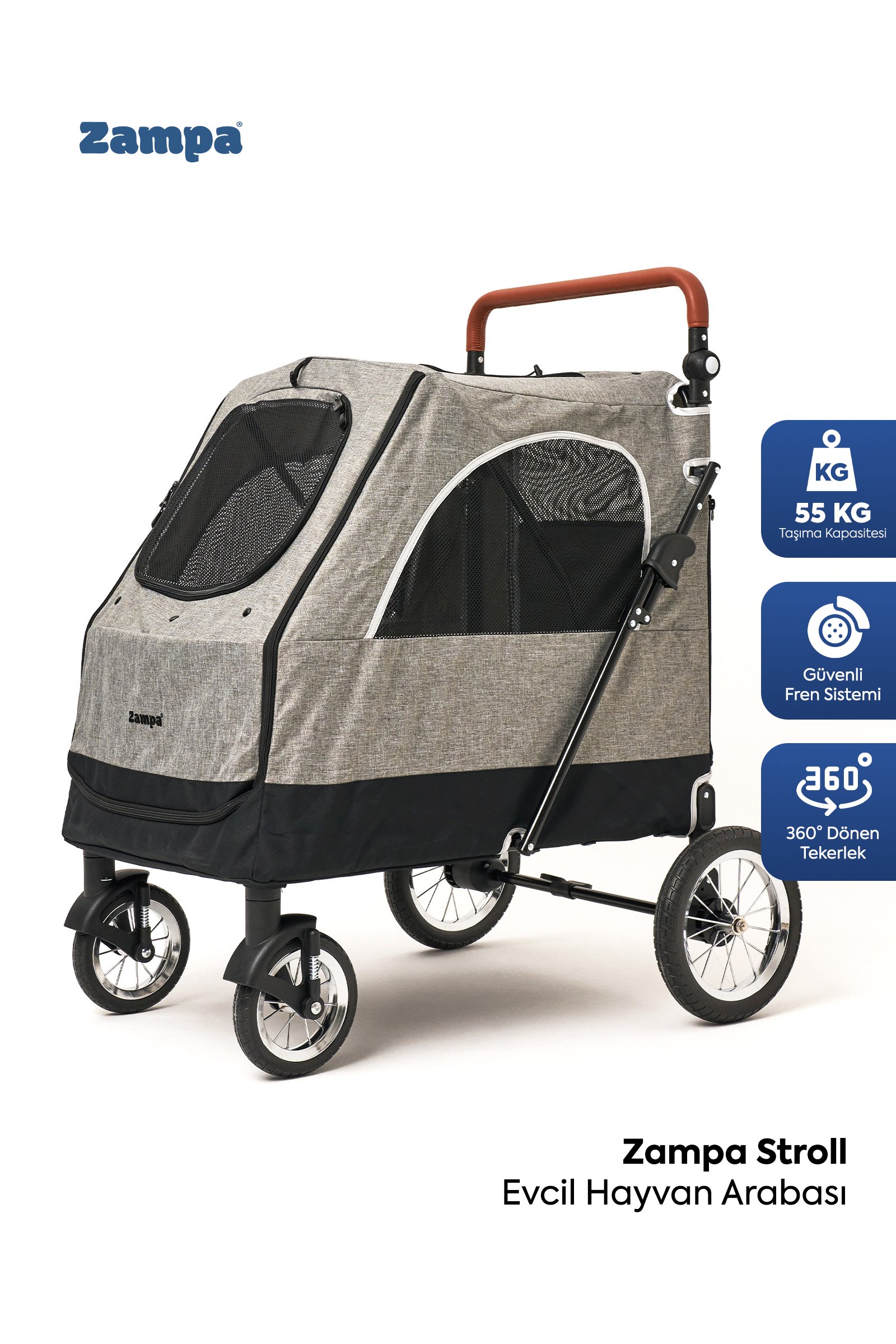 Zampa Stroll Kedi & Köpek Arabası Gri 69X81X110cm
