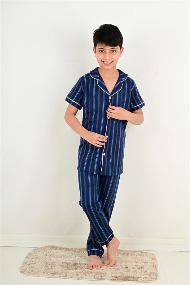 Erkek Çocuk Kısa Kollu Düğmeli Pijama Takımı Atlas Model İndigo