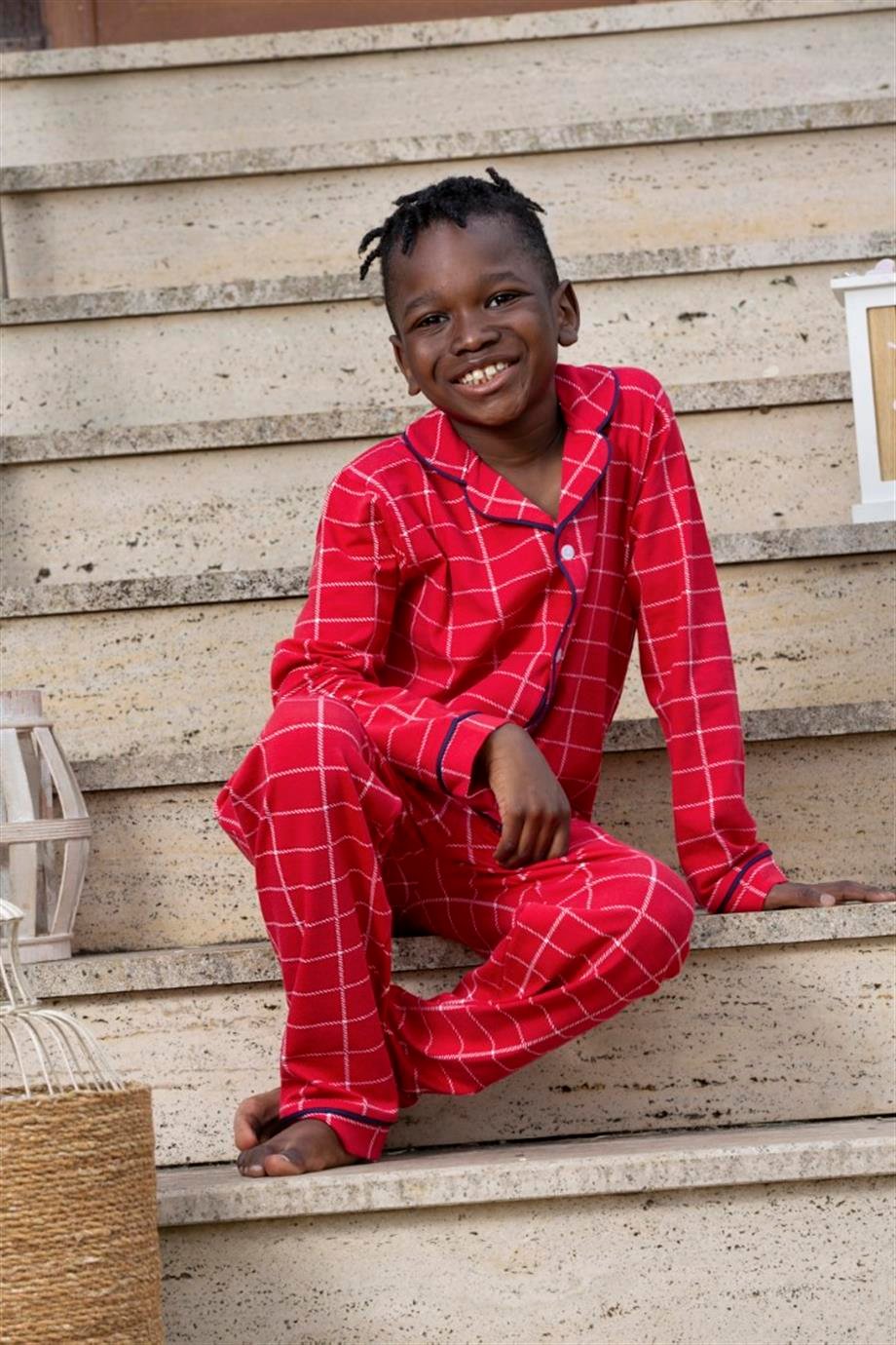 Erkek Çocuk Uzun Kollu Düğmeli Pijama Takımı Mia Kareli Kırmızı