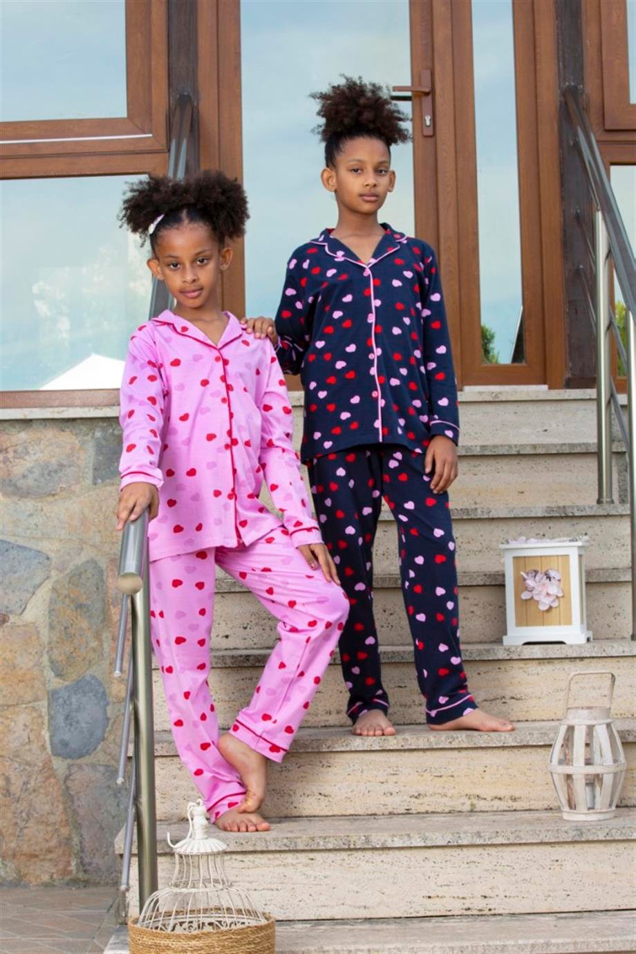 Kız Çocuk Uzun Kollu Düğmeli Pijama Takımı Kırmızı Kalpli Lacivert