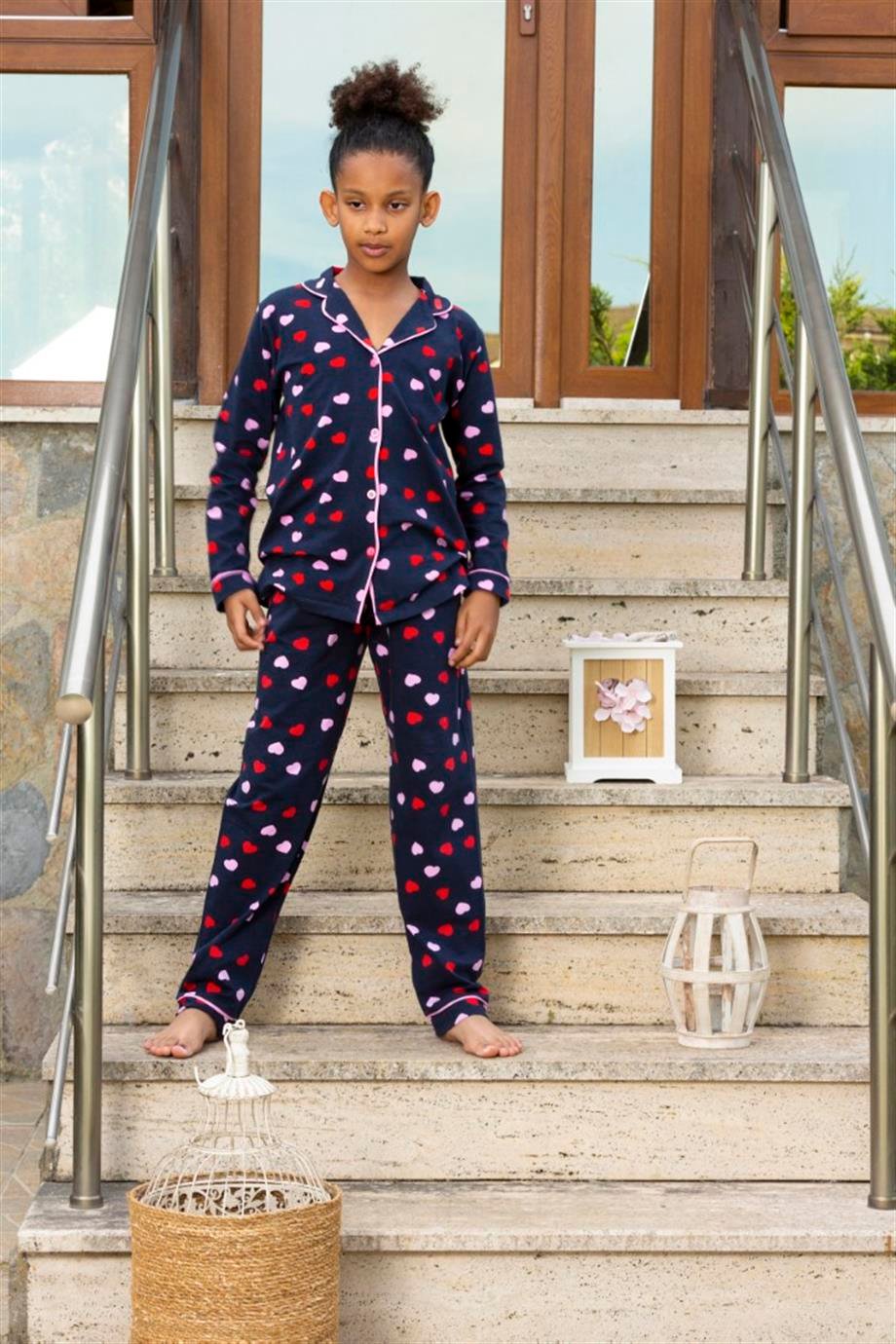 Kız Çocuk Uzun Kollu Düğmeli Pijama Takımı Kırmızı Kalpli Lacivert