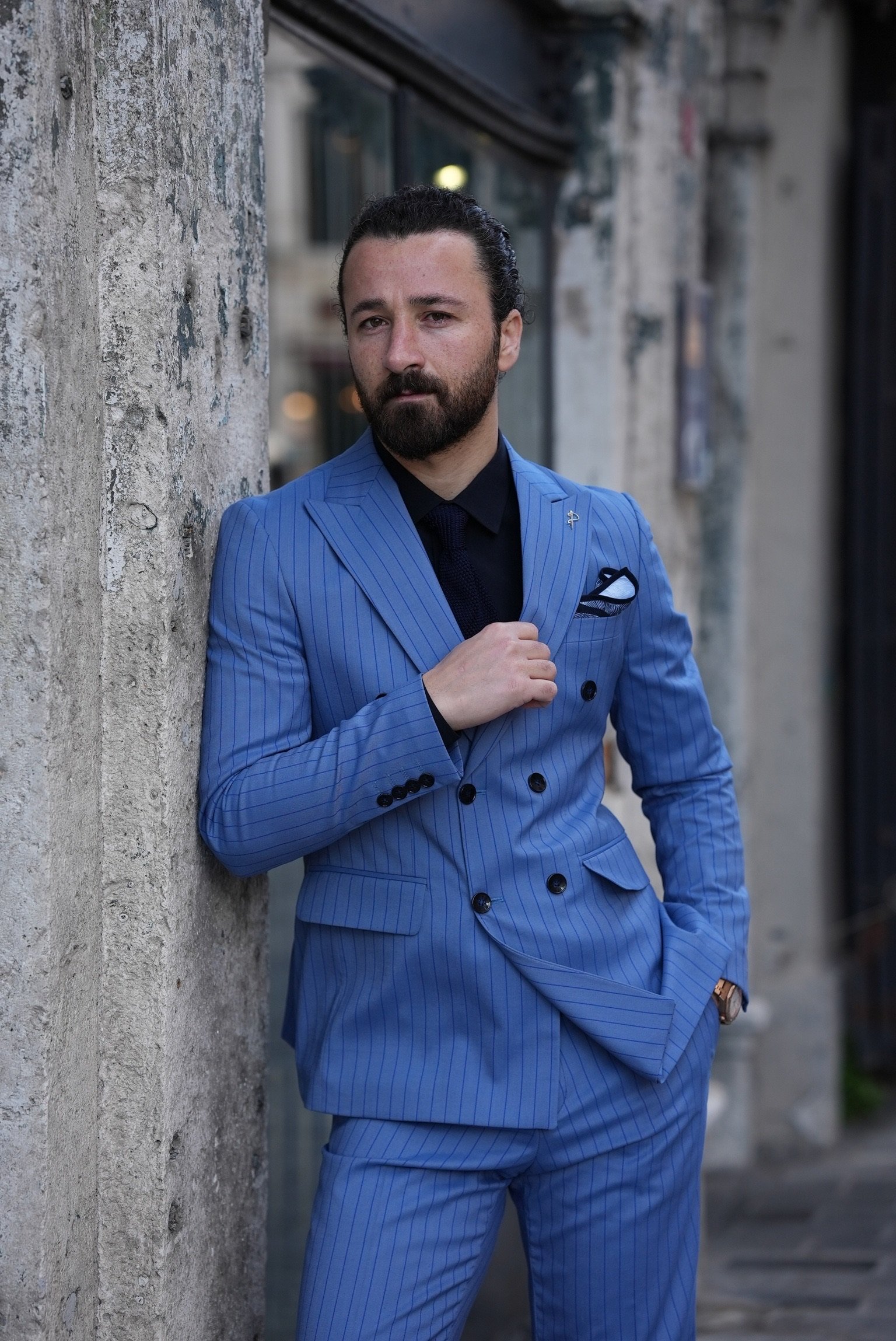 Parez Mavi Slim Fit Çizgili Kruvaze Erkek Takım Elbise Ceket Pantolon  İtalyan Kesim Likralı Takım elbise