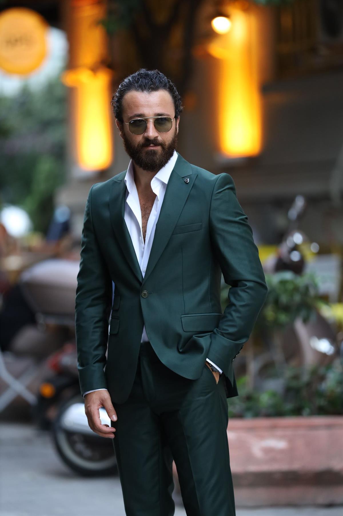 Parez Yeşil İtalyan Stil Erkek Takım Elbise Ceket Yelek Pantolon Likralı  Slim fit Takım elbise