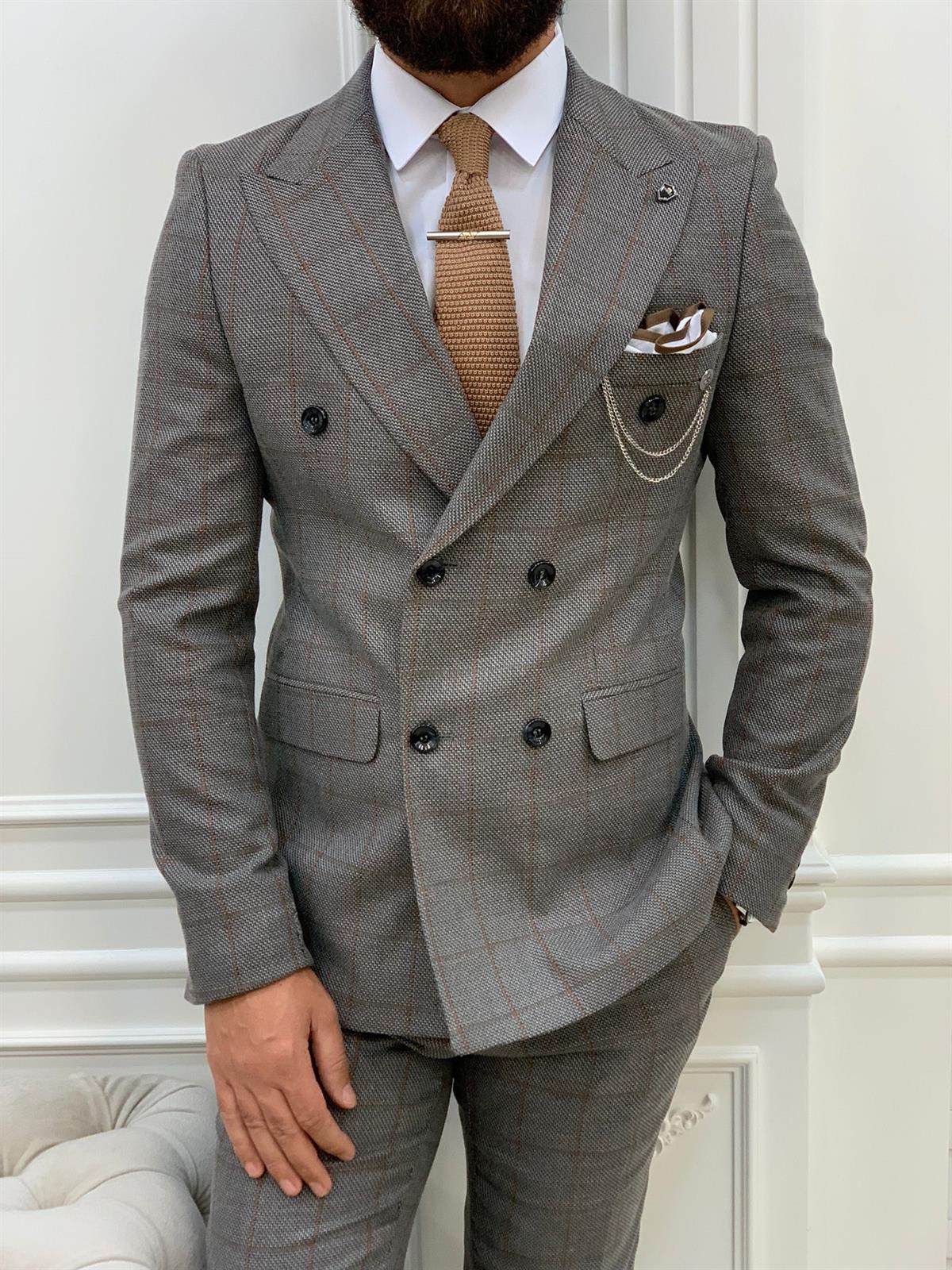 Italian Style Double Breasted Suit Jacket Pants - Gray