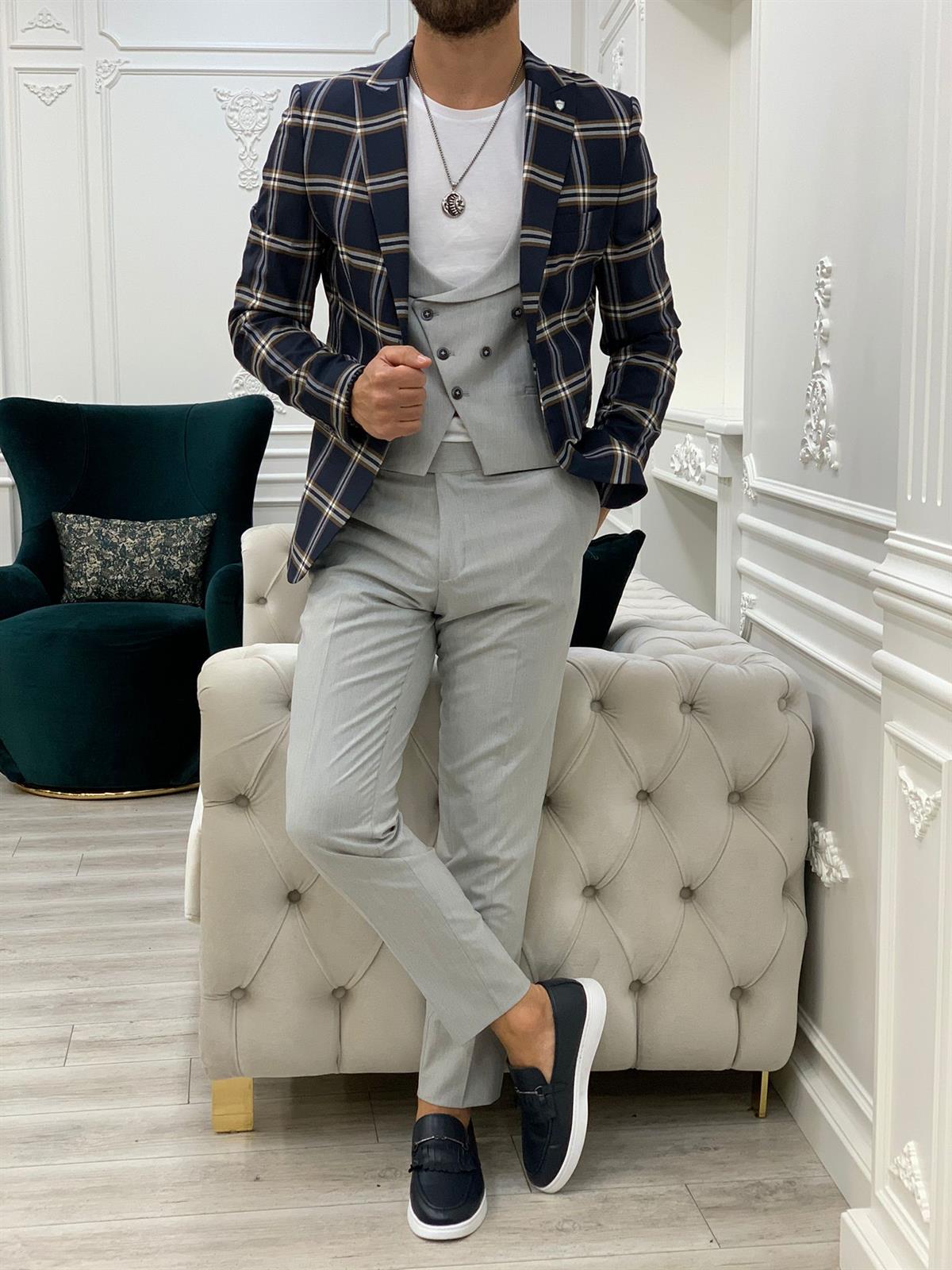 Parez Lacivert italyan stil Erkek Takım Elbise Ceket Yelek Pantolon İtalyan  Kesim Likralı Takım elbise