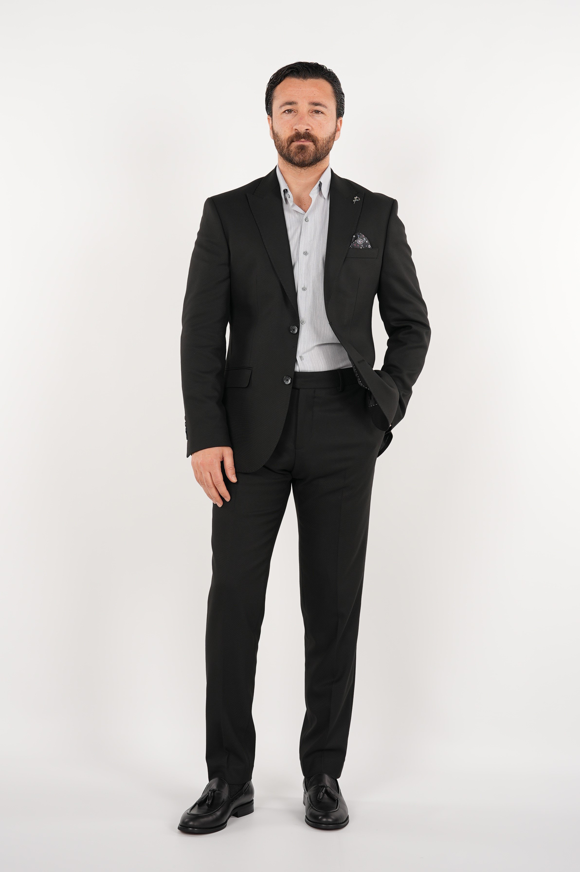 Pantalon de costume demi double cousu Punto de style italien coupe slim pour hommes Noir
