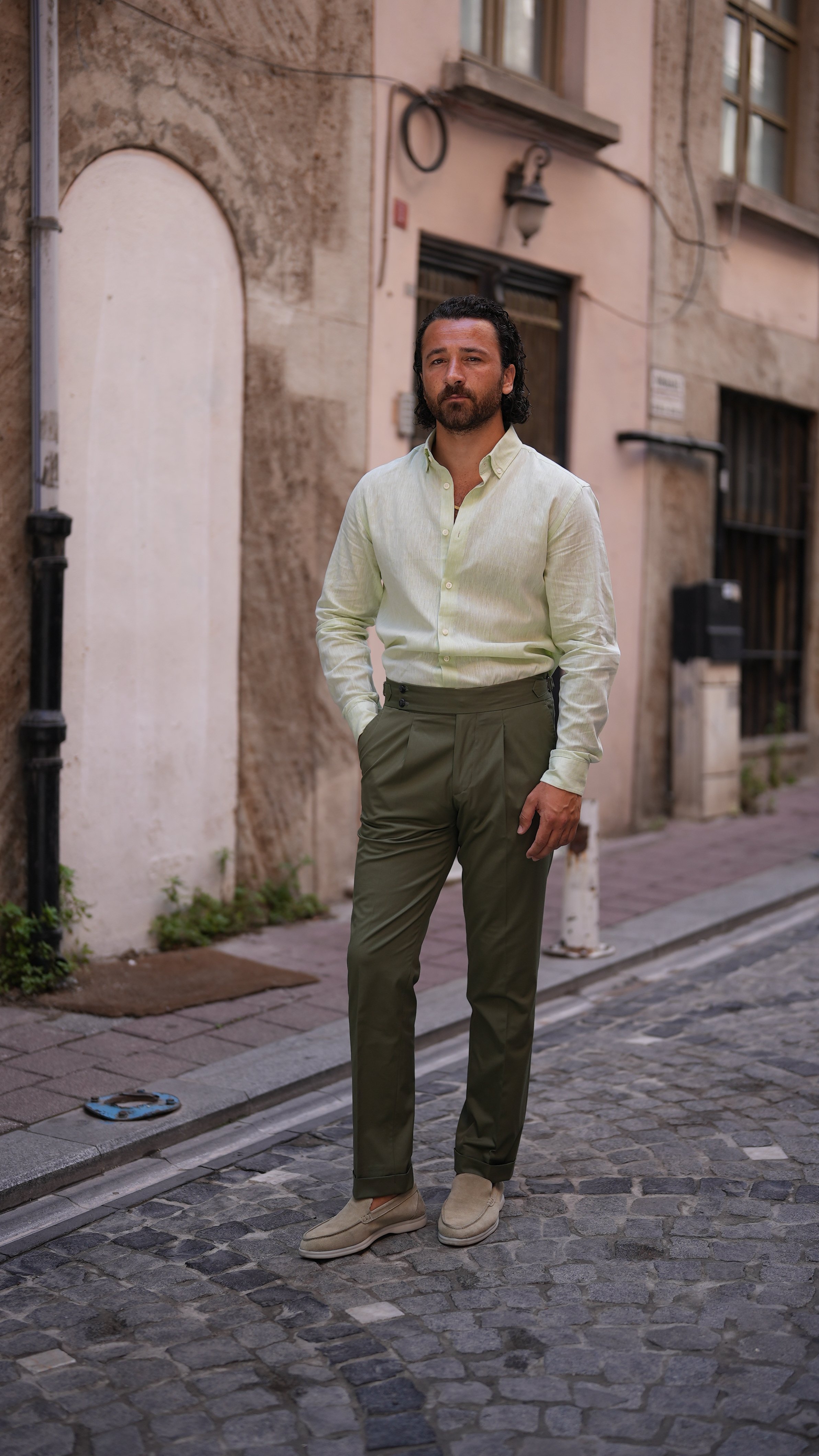Premium İtalyan Stil Piliseli Yandan Tokal Slim Fit Duble Paca Pantolon-Haki