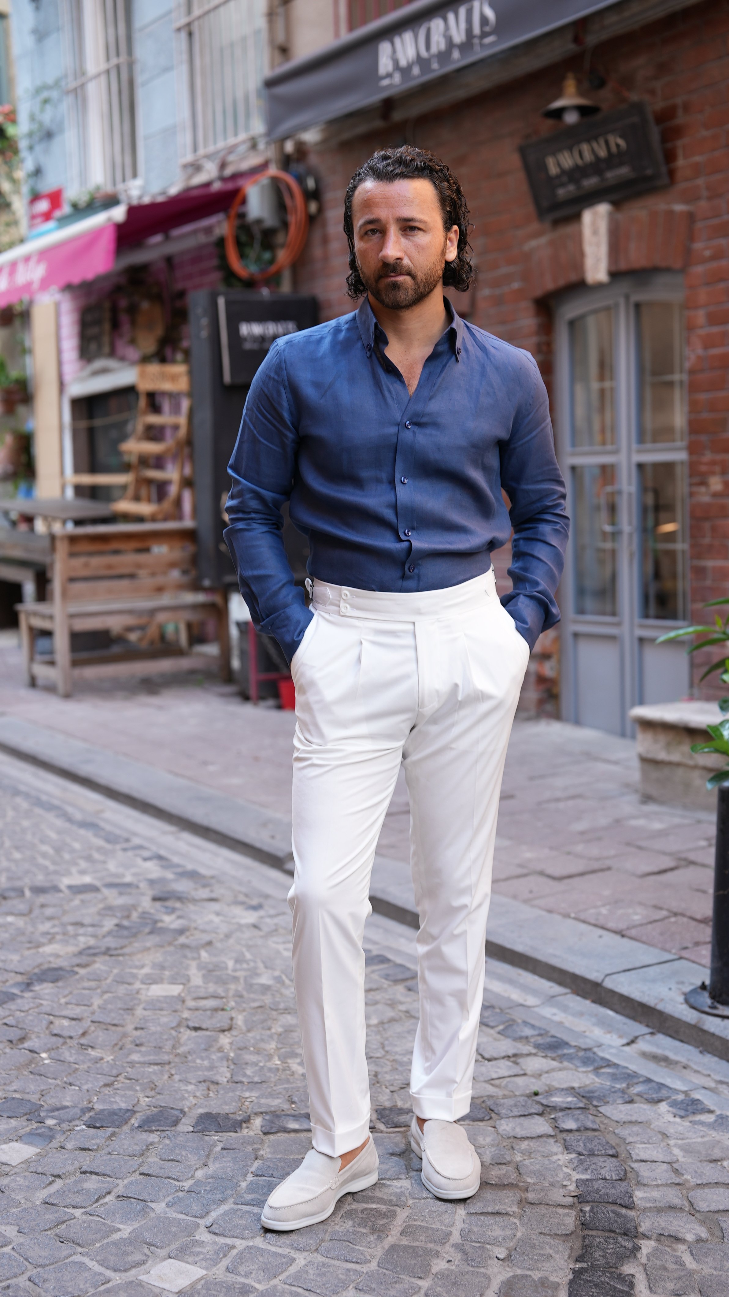 Premium İtalyan Stil Piliseli Yandan Tokal Slim Fit Duble Paca Pantolon -Beyaz