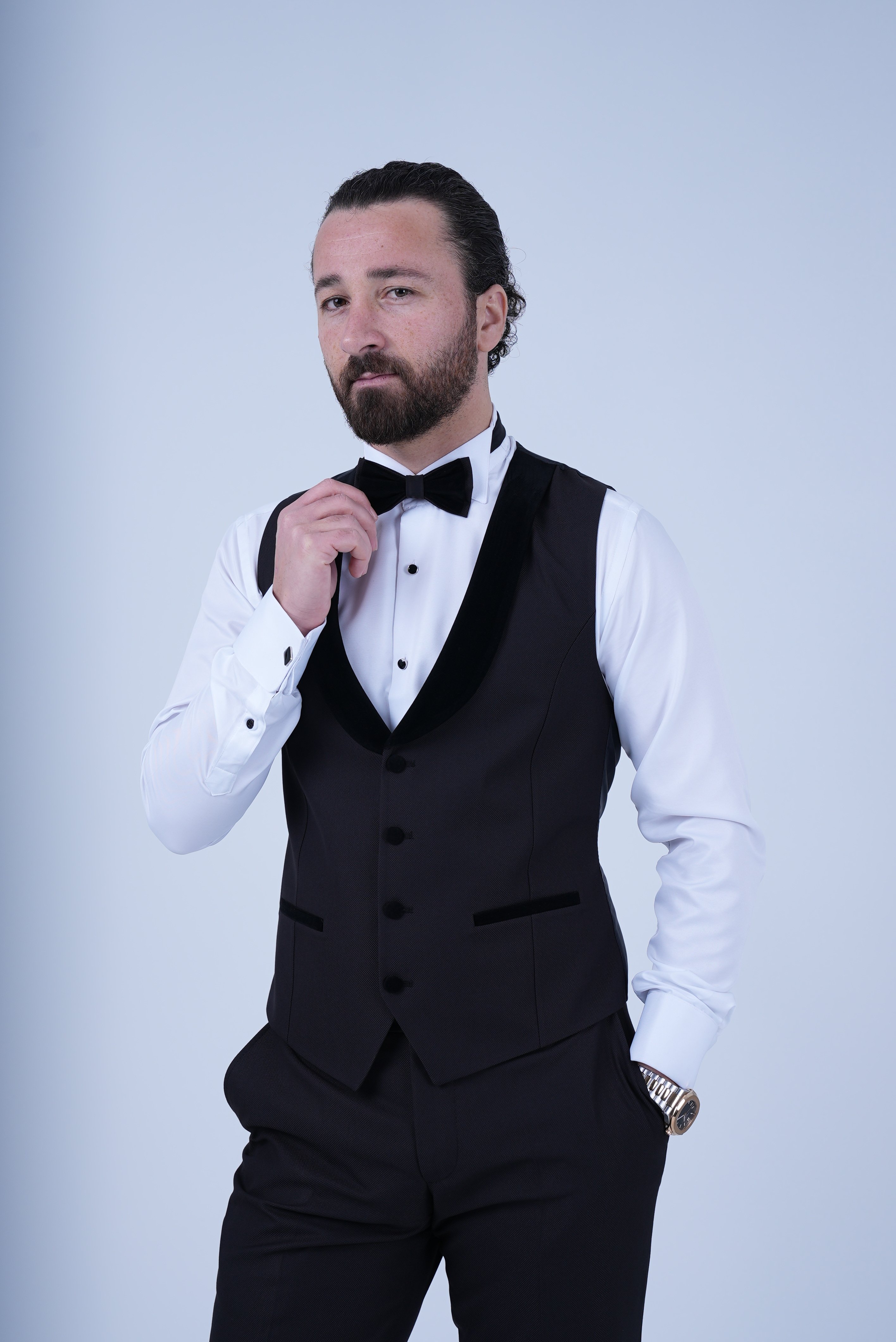 Slim Fit Groom Tuxedo Jacket Vest Pants BowtieBlack PAREZ