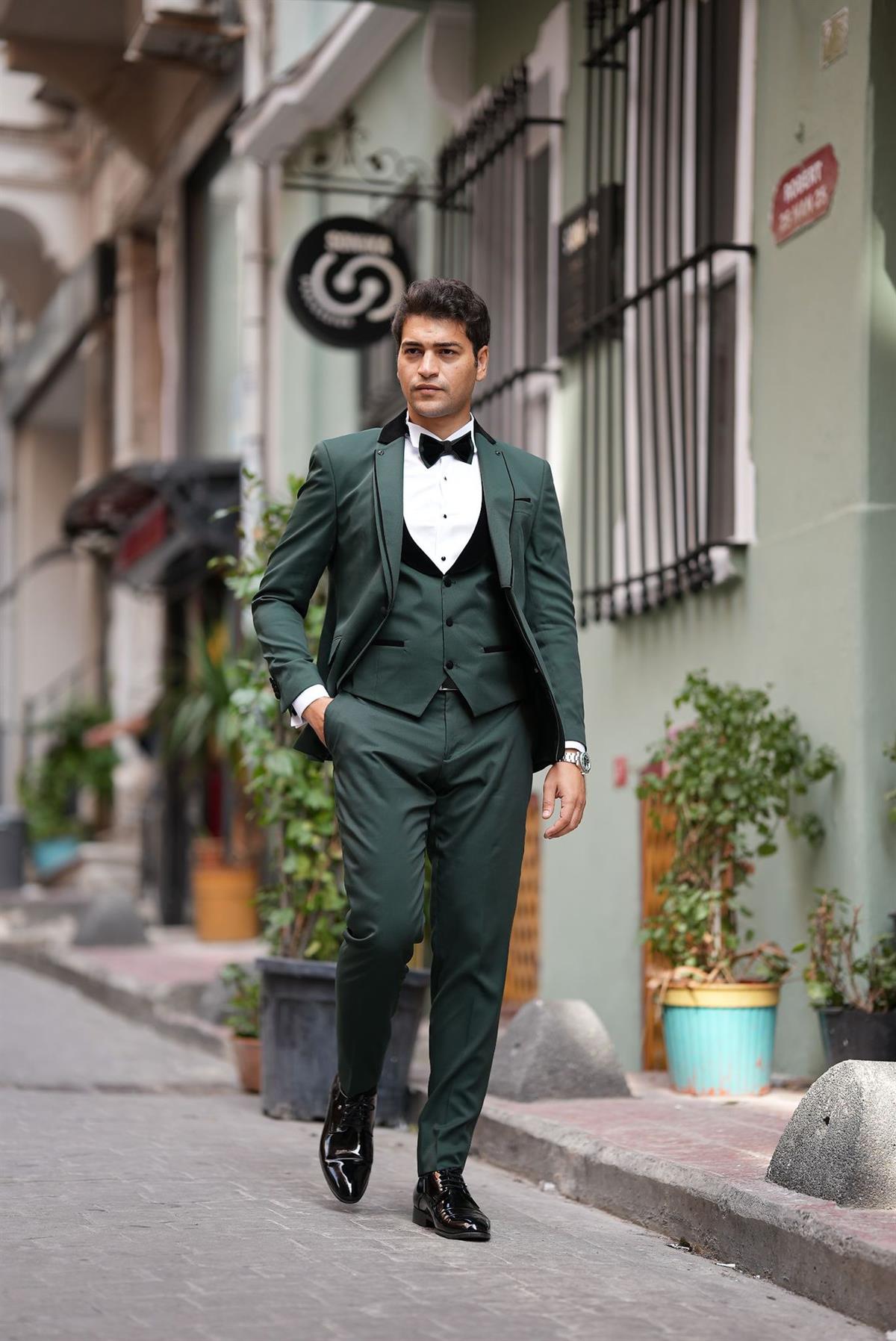 Slim Fit Tuxedo Jacket Vest Pants Bowtie Green