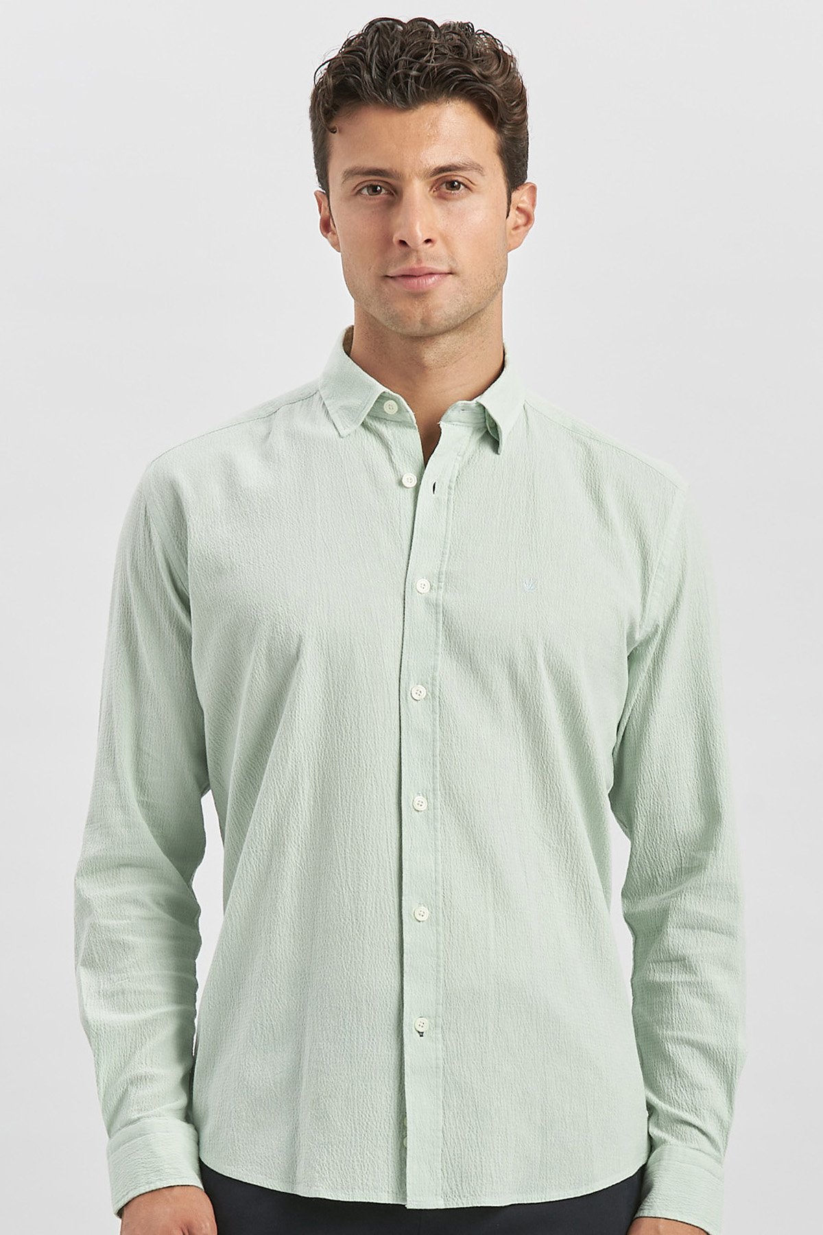 Turkuaz Uzun Kollu Gofreli Biyeli %100 Pamuk Casual Slim Fit Dar