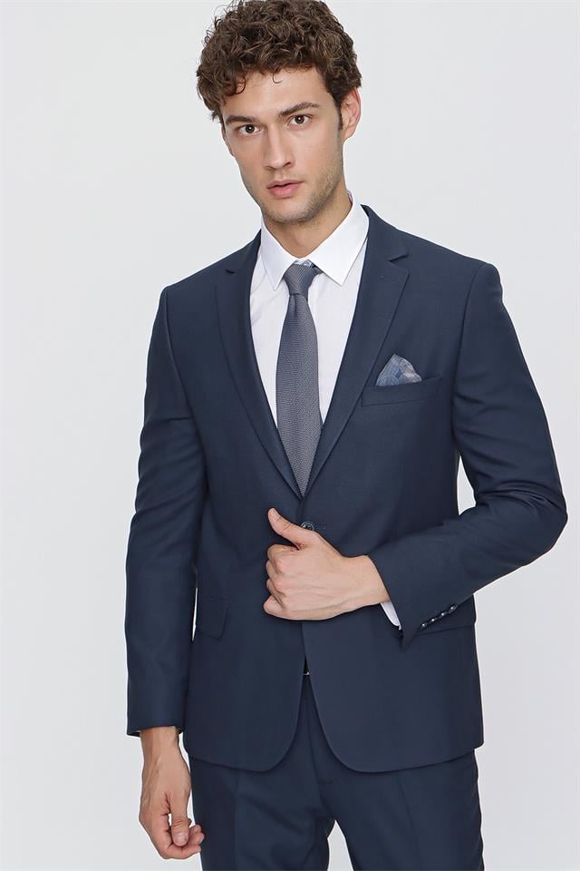 ピ♪ Koyu Lacivert Desenli Mono Yaka Astarlı 6 Drop Slim Fit Dar Kesim