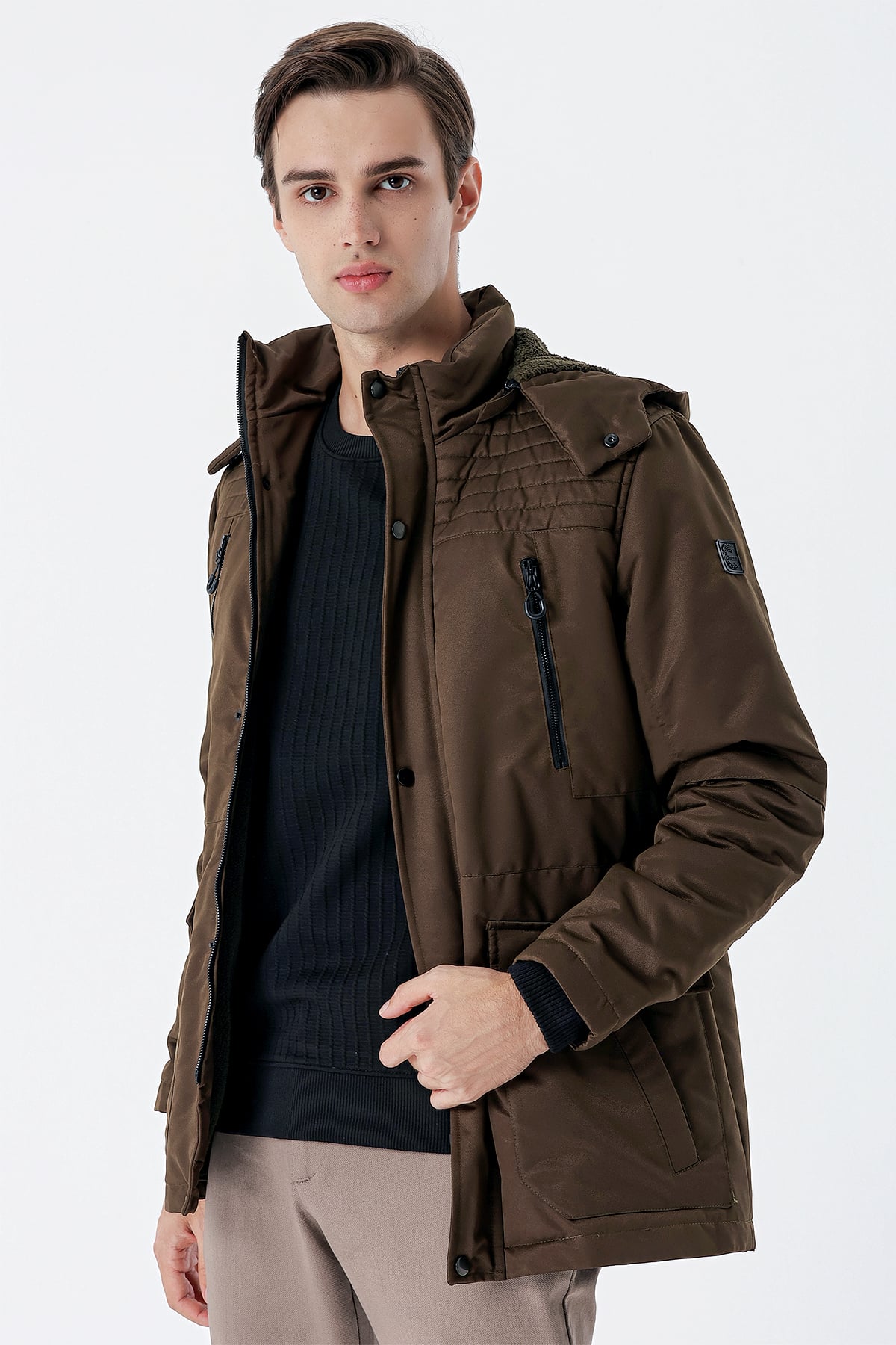 Koyu Haki Gabardin Hakim Yaka Astarlı Slim Fit Dar Kesim Klasik