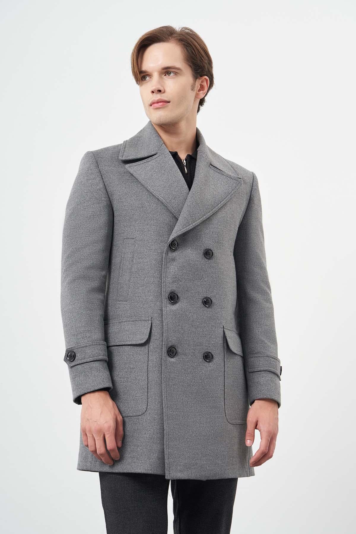 Gri Kırlangıç Yaka Esnek Slim Fit Classic Kaşe Kruvaze Palto
