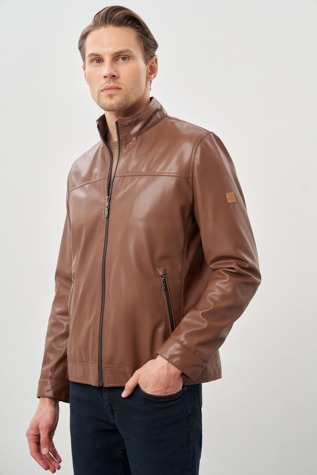 Kahverengi Suni Deri Hakim Yaka Düz Yırtmaçsız Tam Astar Slim Fit