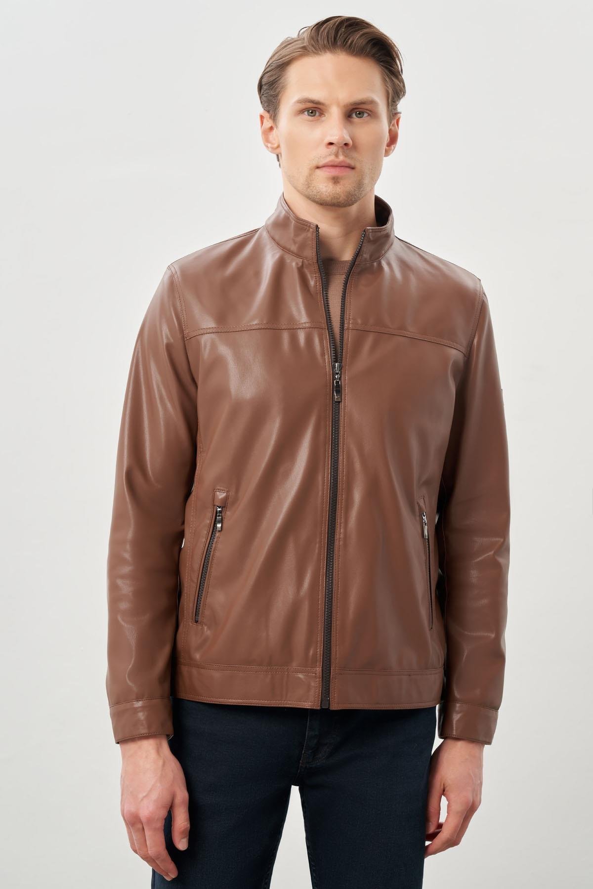 Koyu Kahverengi Suni Deri Hakim Yaka Düz Yırtmaçsız Tam Astar Slim