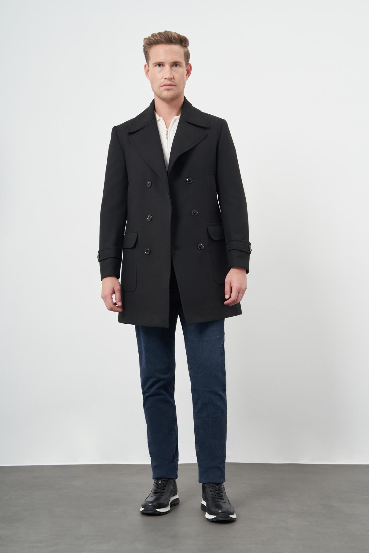 Siyah Kırlangıç Yaka Esnek Slim Fit Classic Kaşe Kruvaze Palto