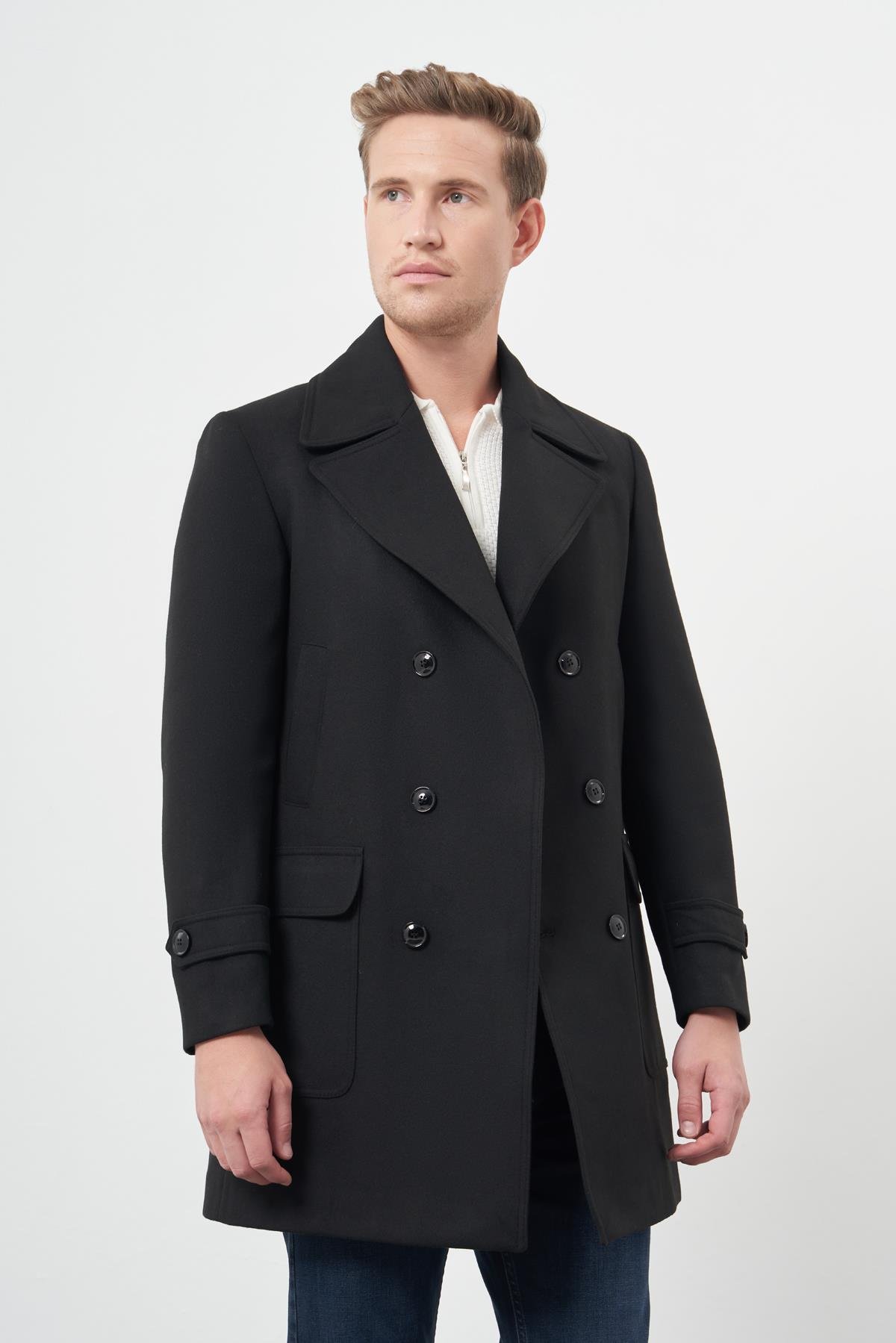 Siyah Kırlangıç Yaka Esnek Slim Fit Classic Kaşe Kruvaze Palto