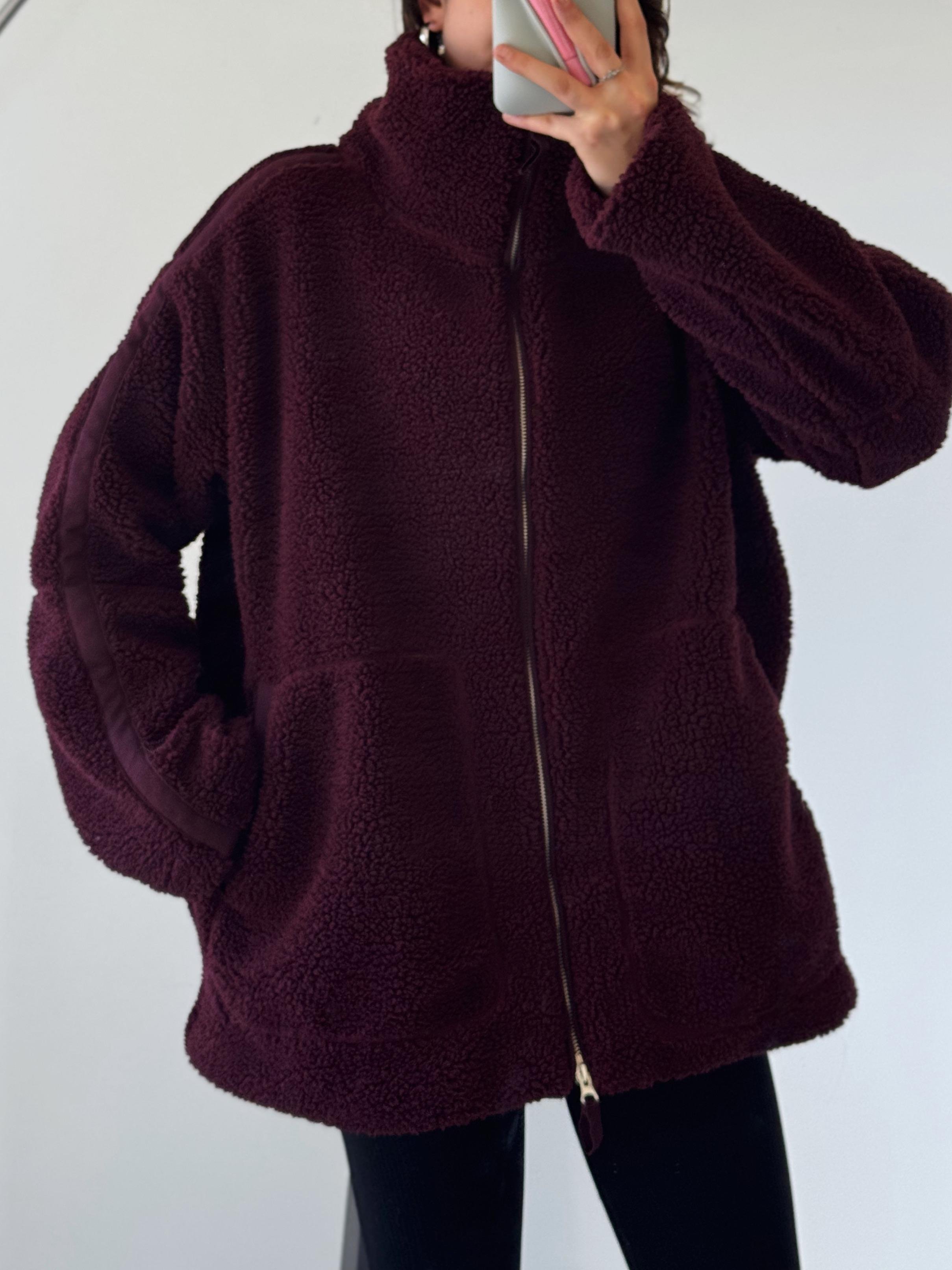 Cesila Fermuarlı Peluş Bordo Mont
