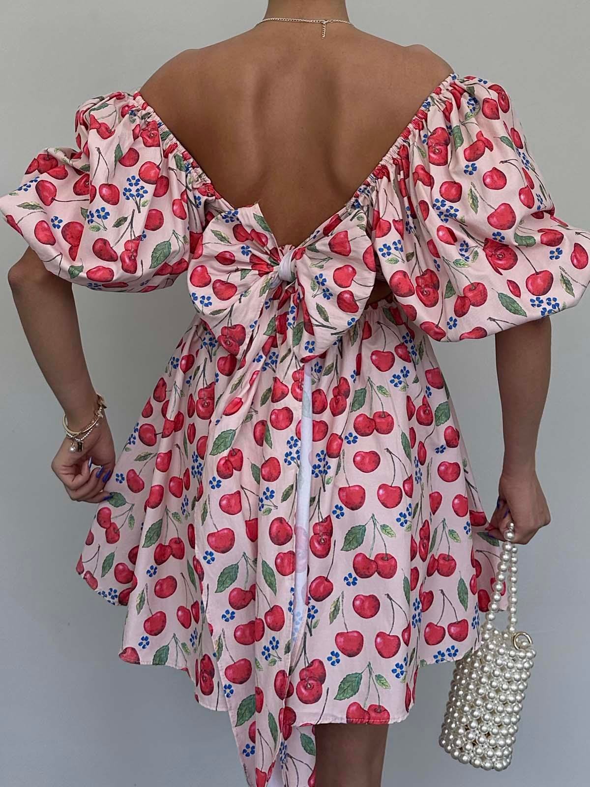 Gloria Balon Kol Kiraz Desenli Mini Elbise | oykuwear.com.tr