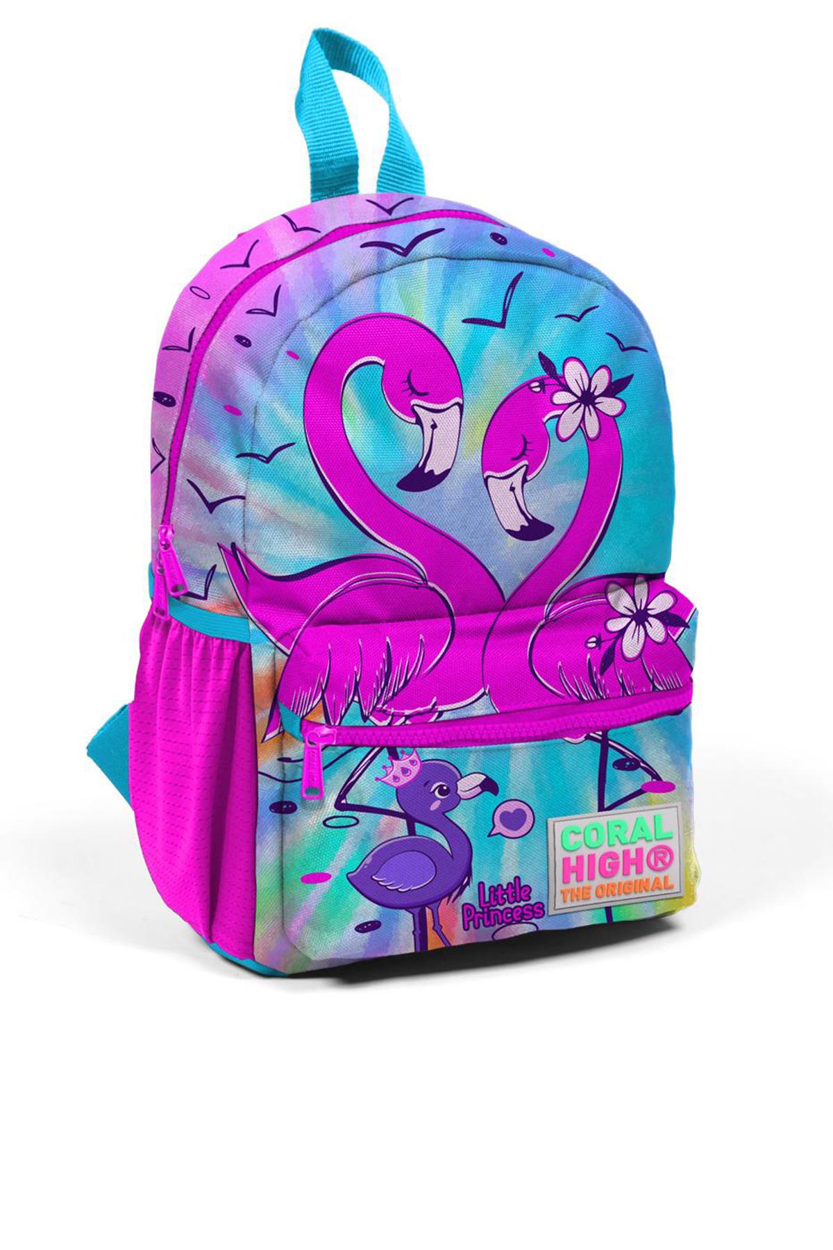 Minik Yuva Sırt Çantası Mavi Pembe Flamingo Desenli İki Bölmeli 23530