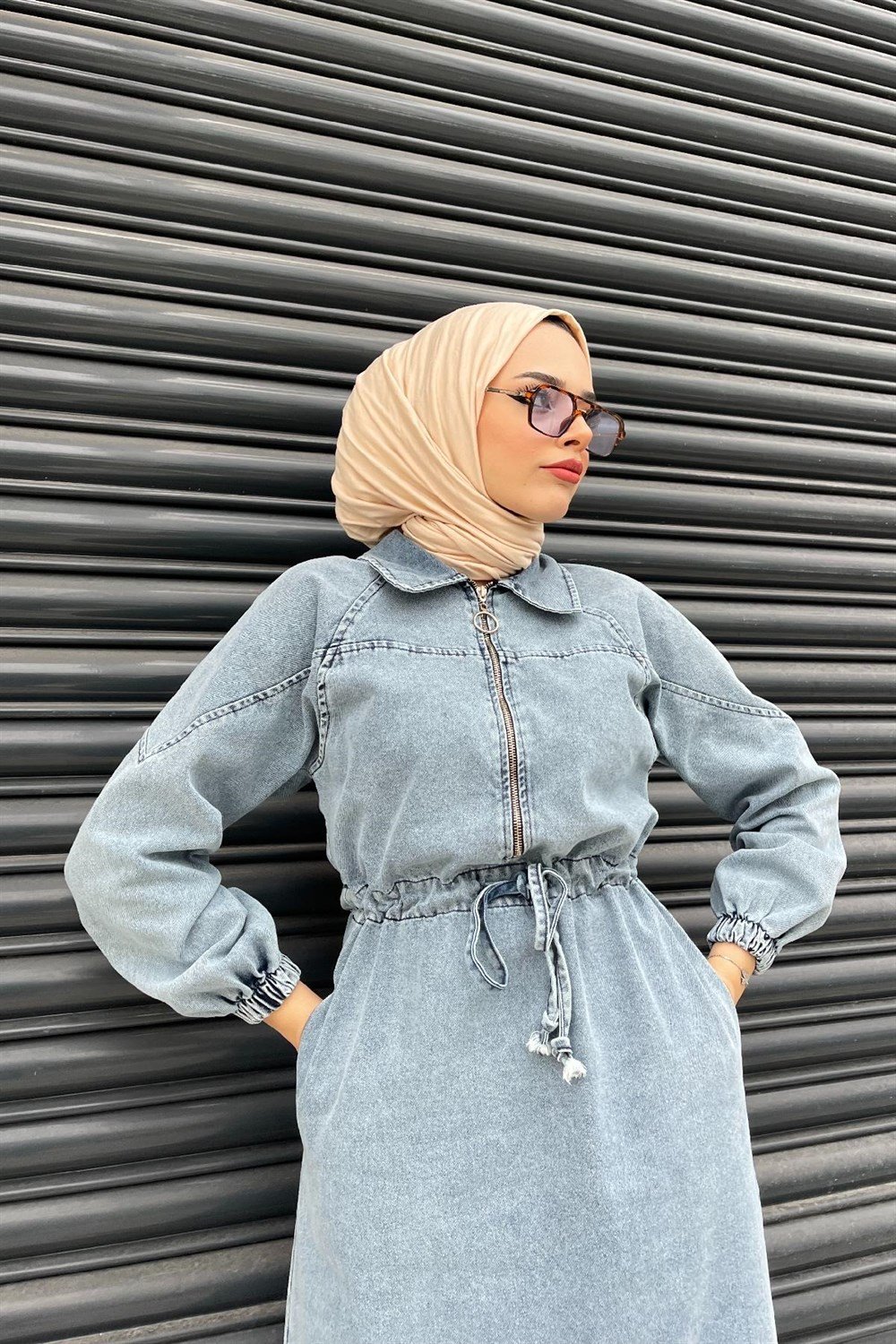 Fermuarlı Kot Elbise Buz Mavisi – Şule Giyim | Tesettür Giyim
