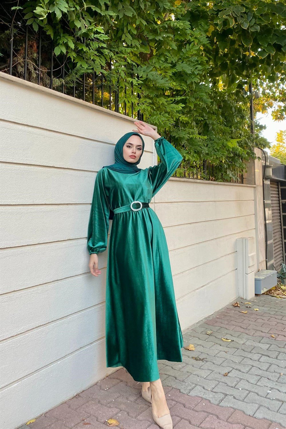Beli Lastikli Kadife Abiye Yeşil – Şule Giyim | Tesettür Giyim