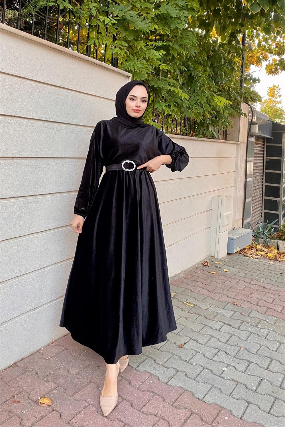 Beli Lastikli Kadife Abiye Siyah – Şule Giyim | Tesettür Giyim