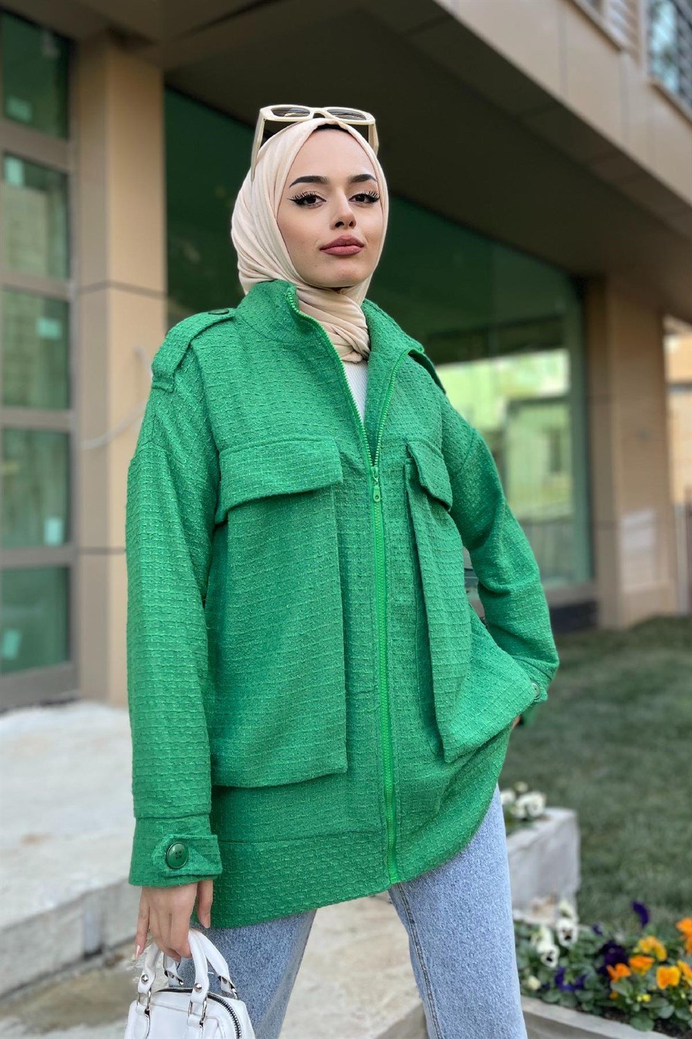 İri Cepli Tüvit Ceket Yeşil – Şule Giyim | Tesettür Giyim
