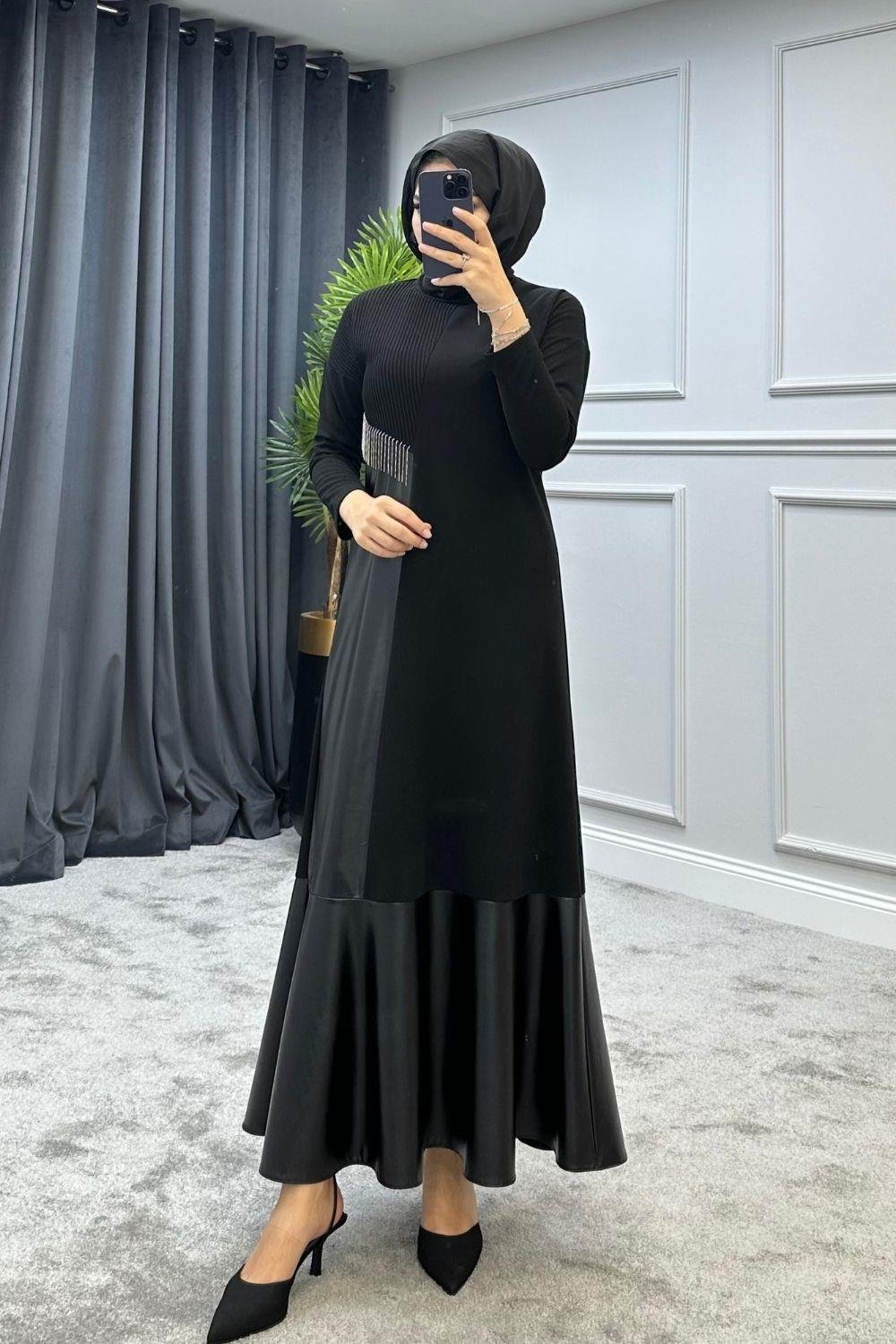 Volanlı Deri Elbise Siyah – Şule Giyim | Tesettür Giyim
