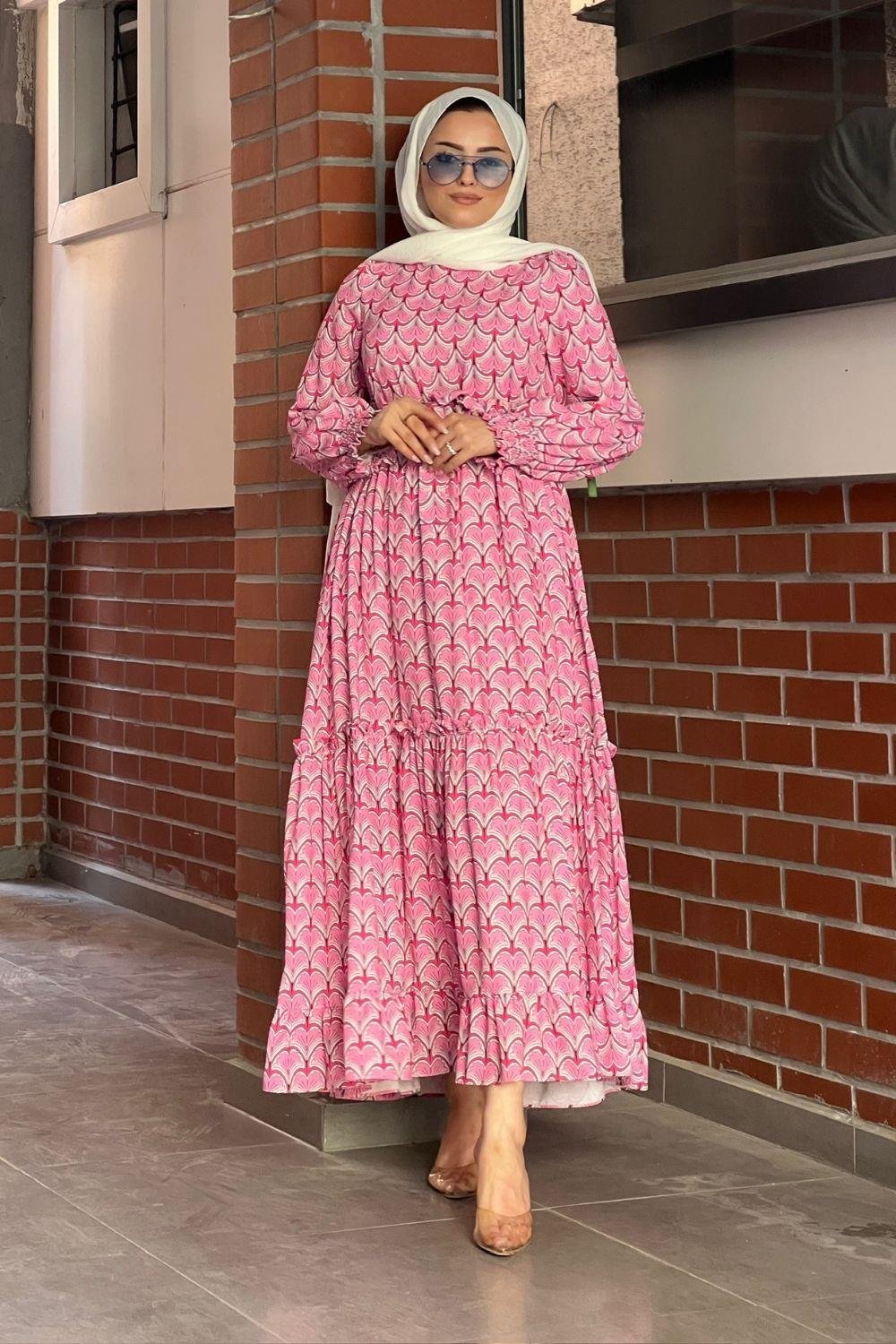 Desenli Şifon Elbise Pembe – Şule Giyim | Tesettür Giyim