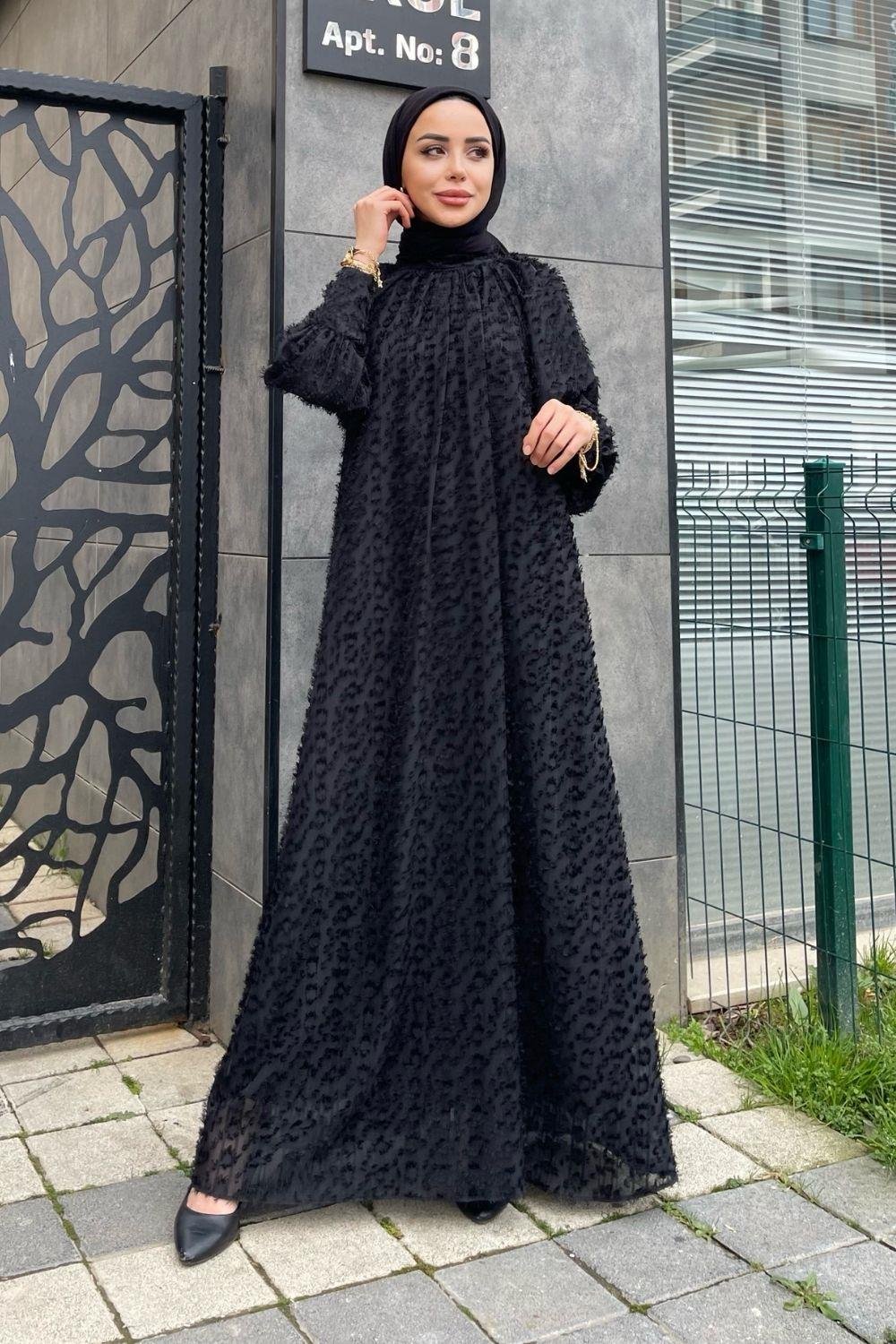 Pıtpıt Desenli Elbise Siyah – Şule Giyim | Tesettür Giyim