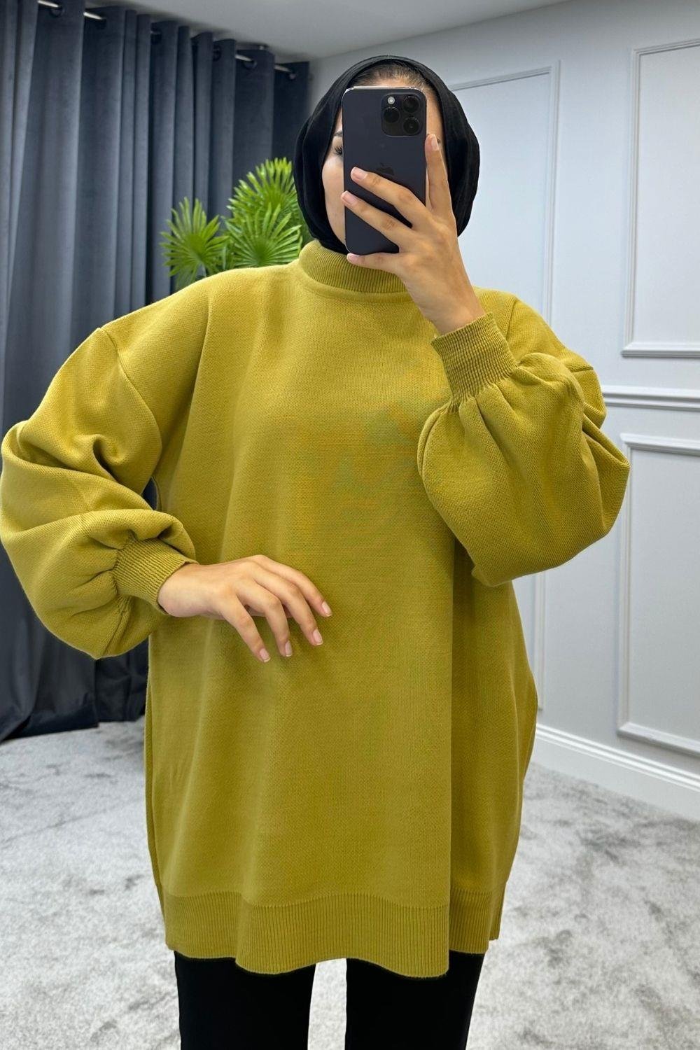 Yarım Boğazlı Triko Kazak Yağ Yeşili – Şule Giyim | Tesettür Giyim