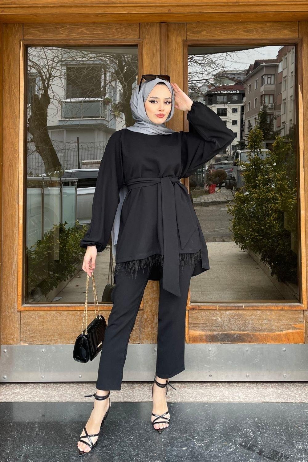 Altı Tüylü Pantolonlu Takım Siyah – Şule Giyim | Tesettür Giyim