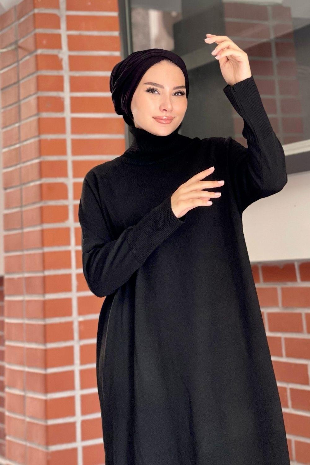 Boğazlı Uzun Elbise Siyah – Şule Giyim | Tesettür Giyim