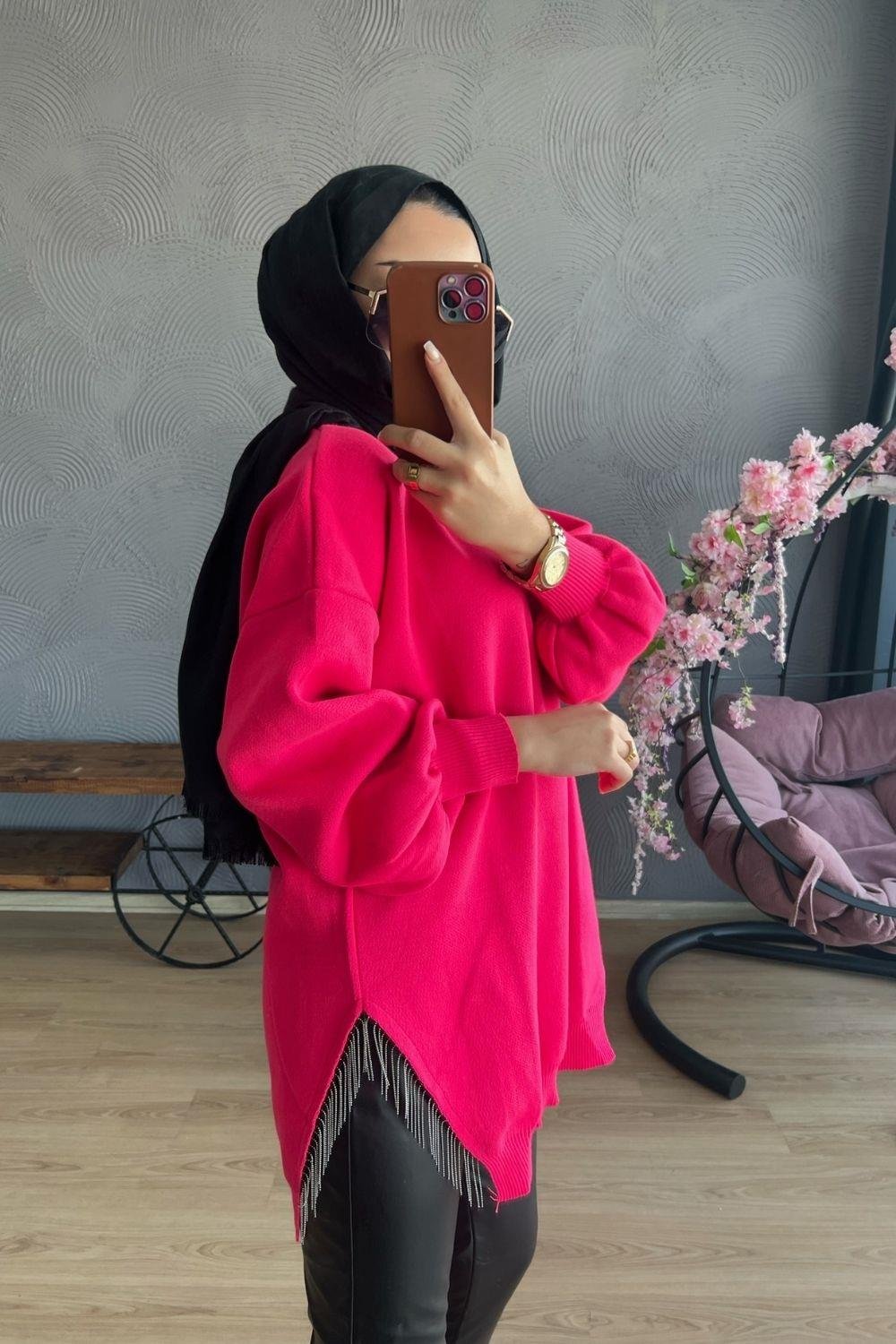 Yarı Zincirli Triko Kazak Pembe – Şule Giyim | Tesettür Giyim