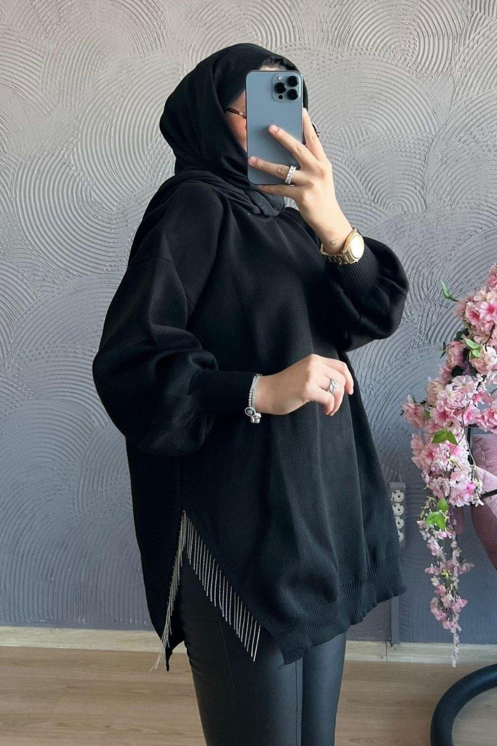 Şule Giyim | Tesettür Giyim | Yarı Zincirli Triko Kazak Siyah