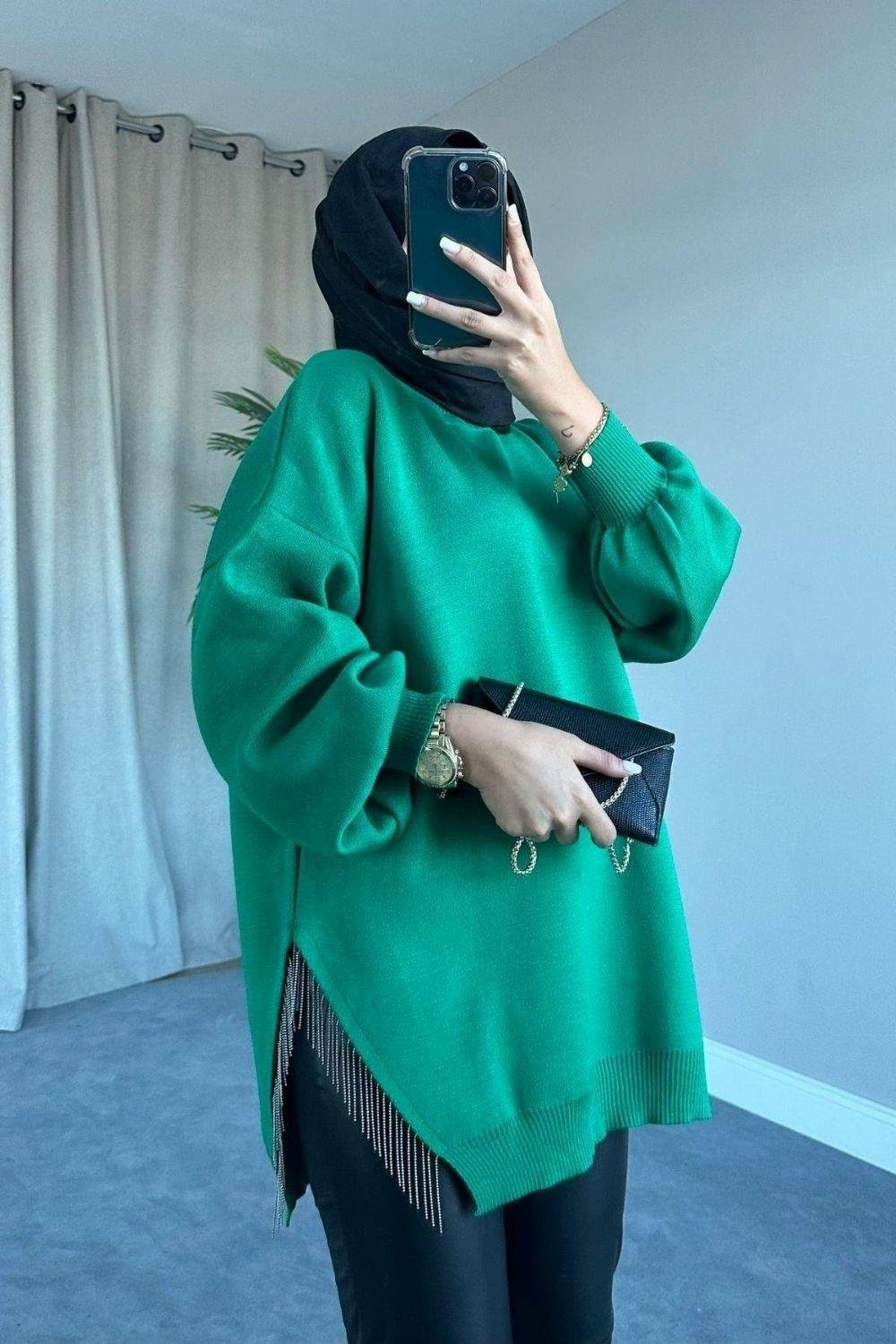 Şule Giyim | Tesettür Giyim | Yarı Zincirli Triko Kazak Yeşil
