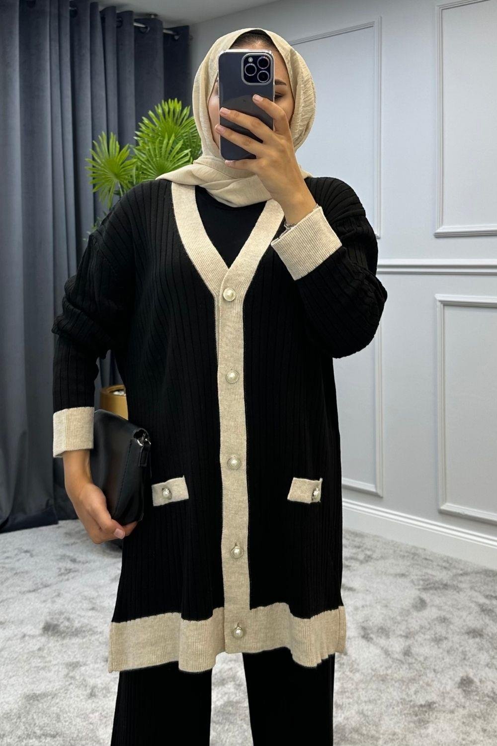 Düğmeli Triko Hırka Siyah – Şule Giyim | Tesettür Giyim