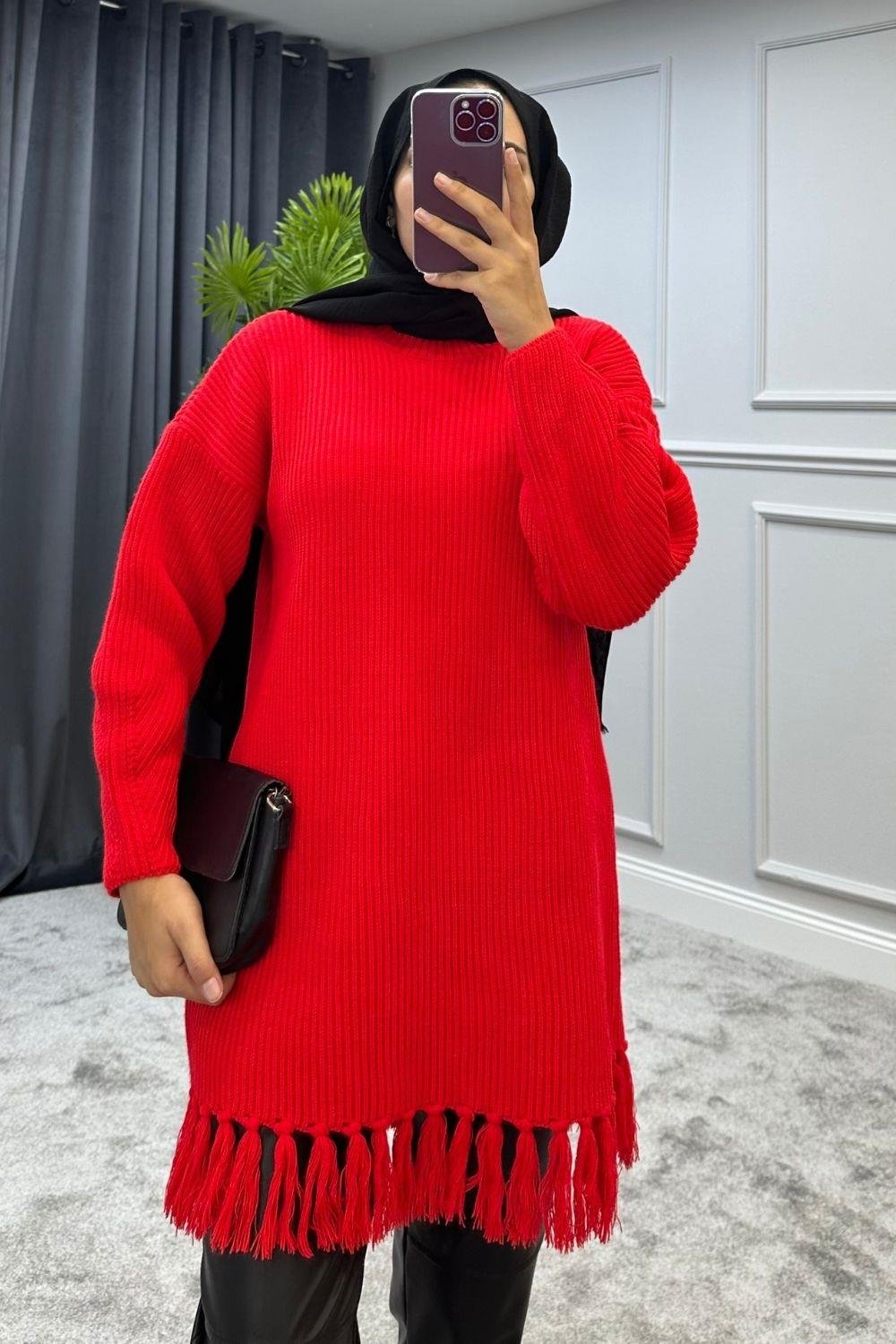 Altı Püsküllü Triko Kazak Kırmızı – Şule Giyim | Tesettür Giyim