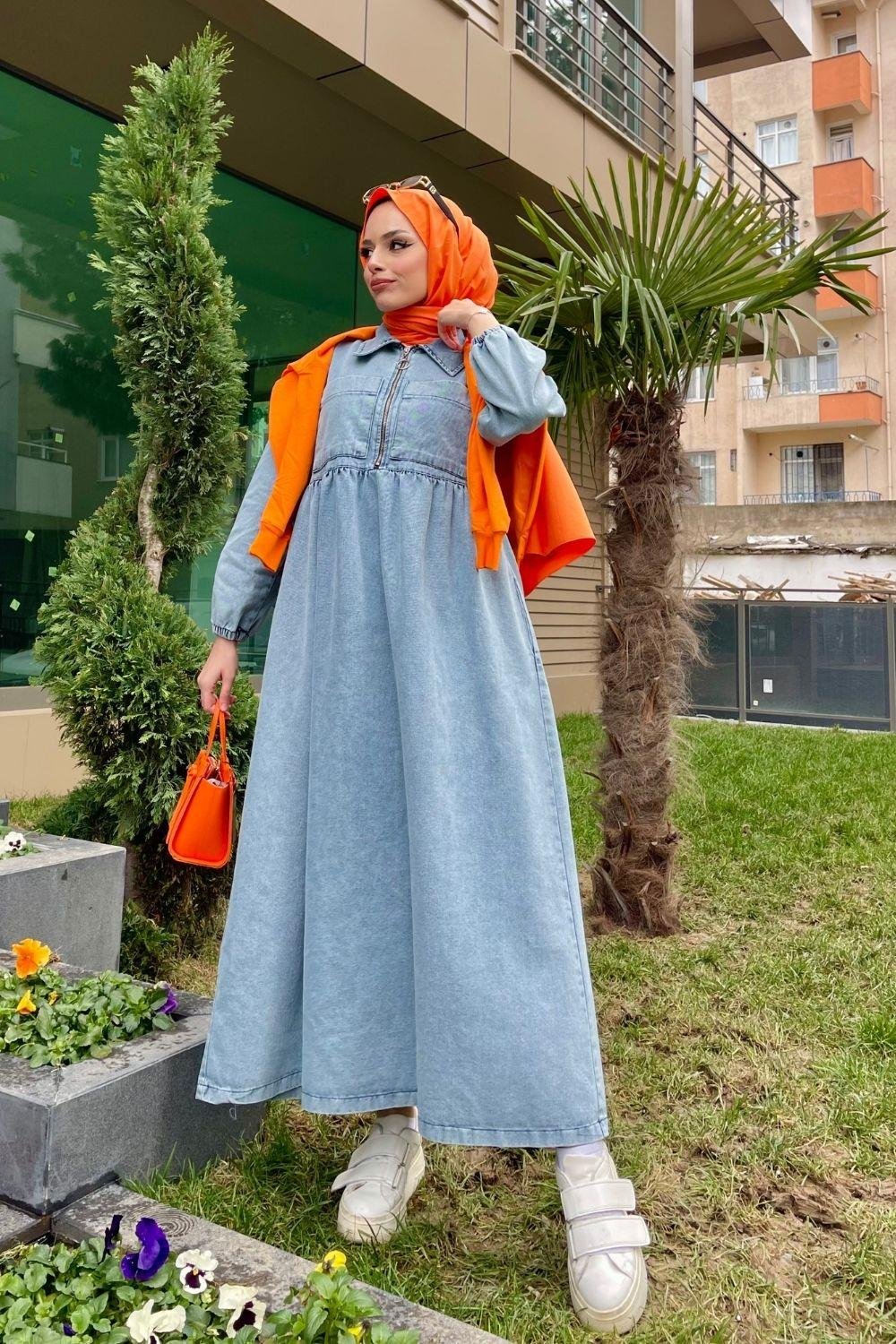 Şule Giyim | Tesettür Giyim | İki Cepli Fermuarlı Kot Elbise Mavi