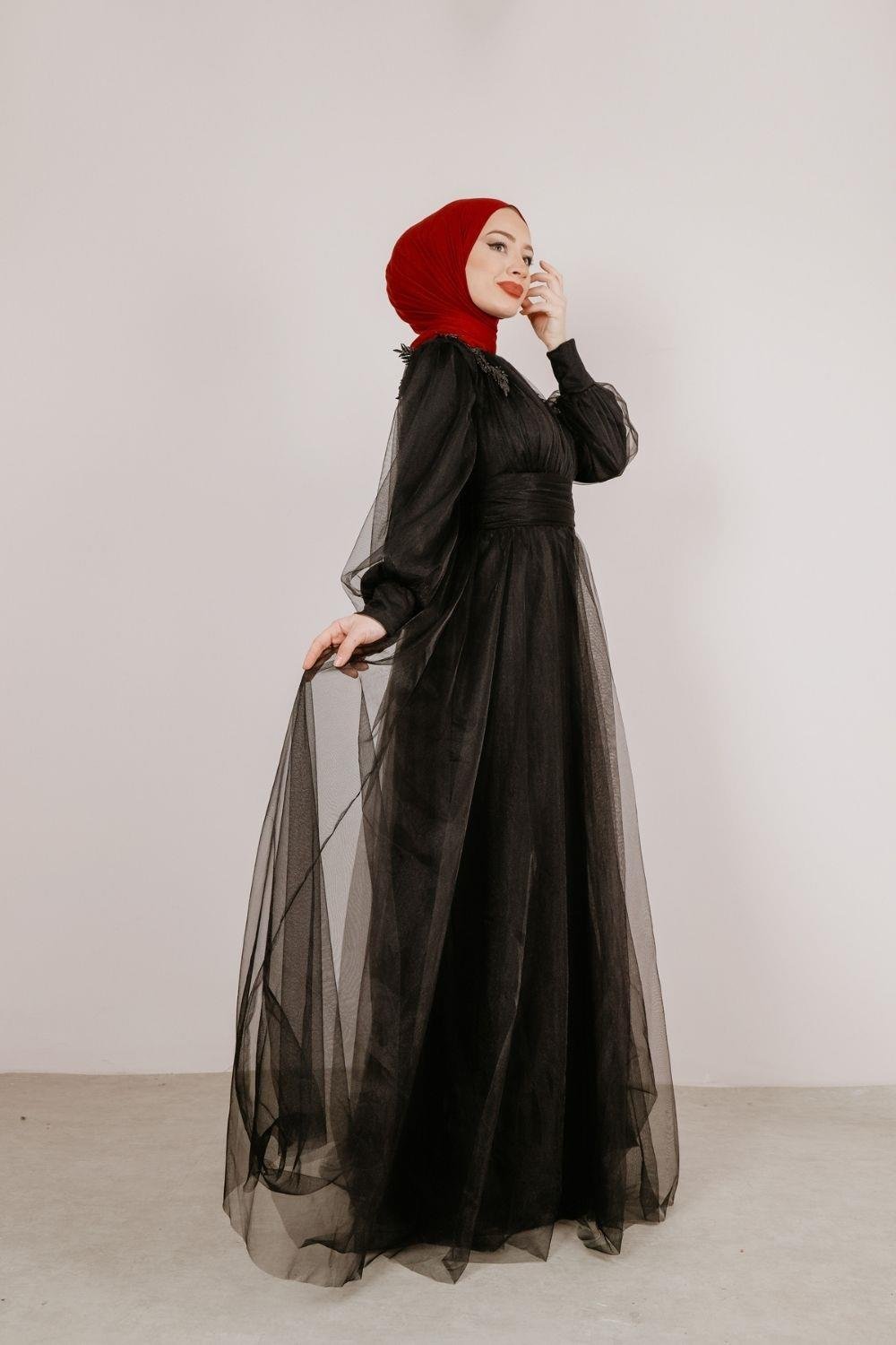 Omuzları Çiçekli Uzun Tül Elbise Siyah – Şule Giyim | Tesettür Giyim