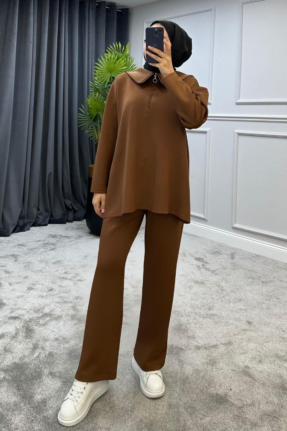 Aleyna Scuba Takım Kahverengi – Şule Giyim | Tesettür Giyim