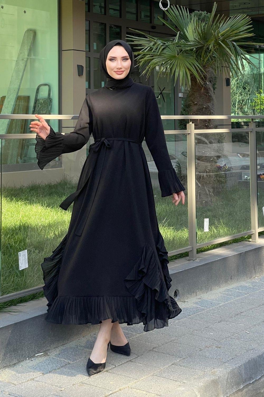Kol Ve Etek Ucu Fırfırlı Abiye Siyah - Şule Giyim | Tesettür Giyim | Yeni  Sezon Kadın Giyim Modelleri