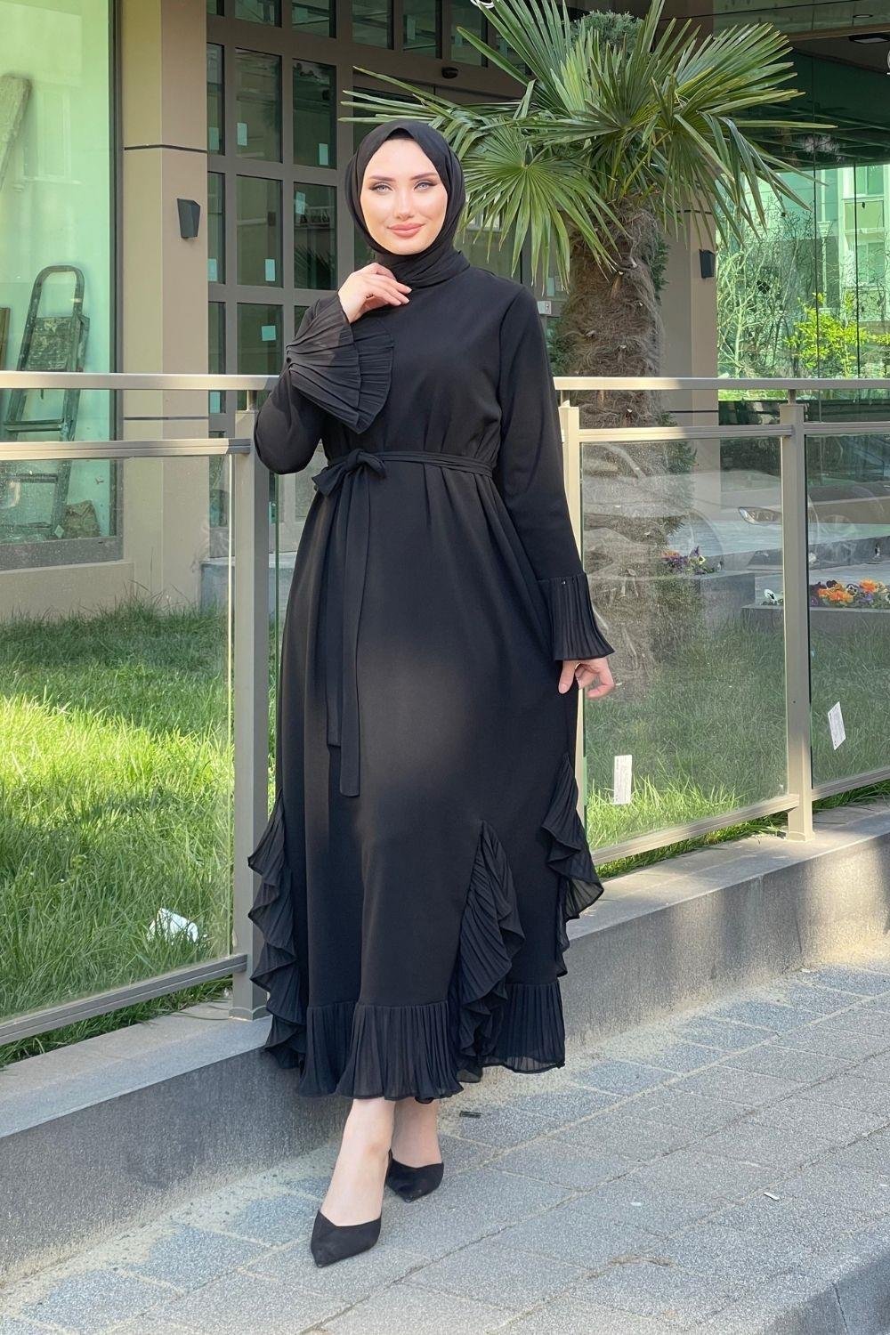 Kol Ve Etek Ucu Fırfırlı Abiye Siyah – Şule Giyim | Tesettür Giyim
