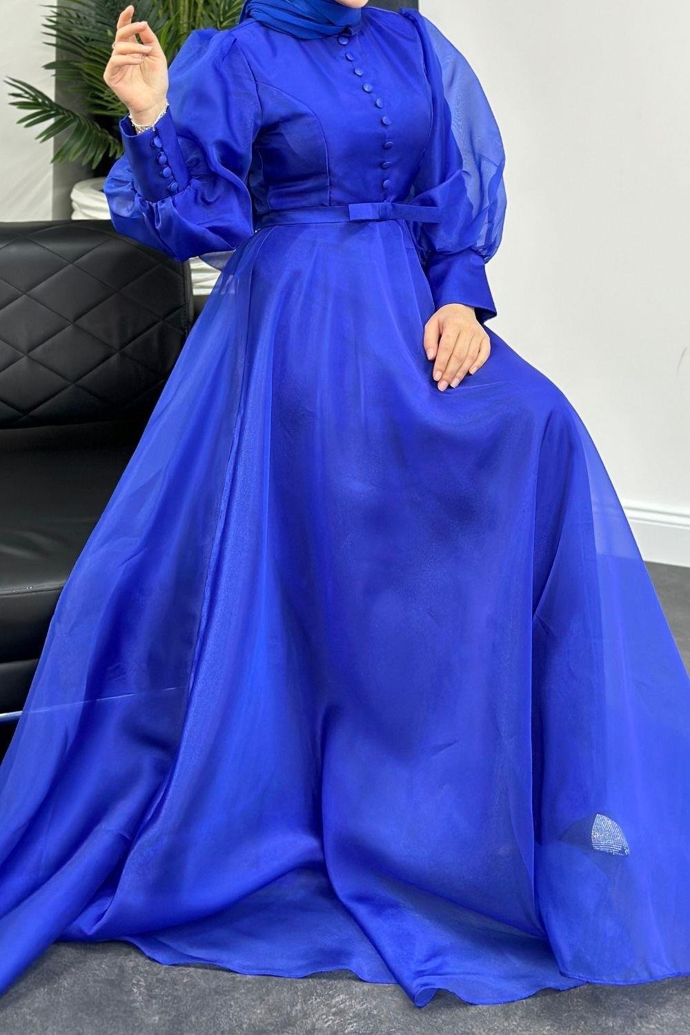 Buttoned Balloon Sleeve Evening Dress Saks